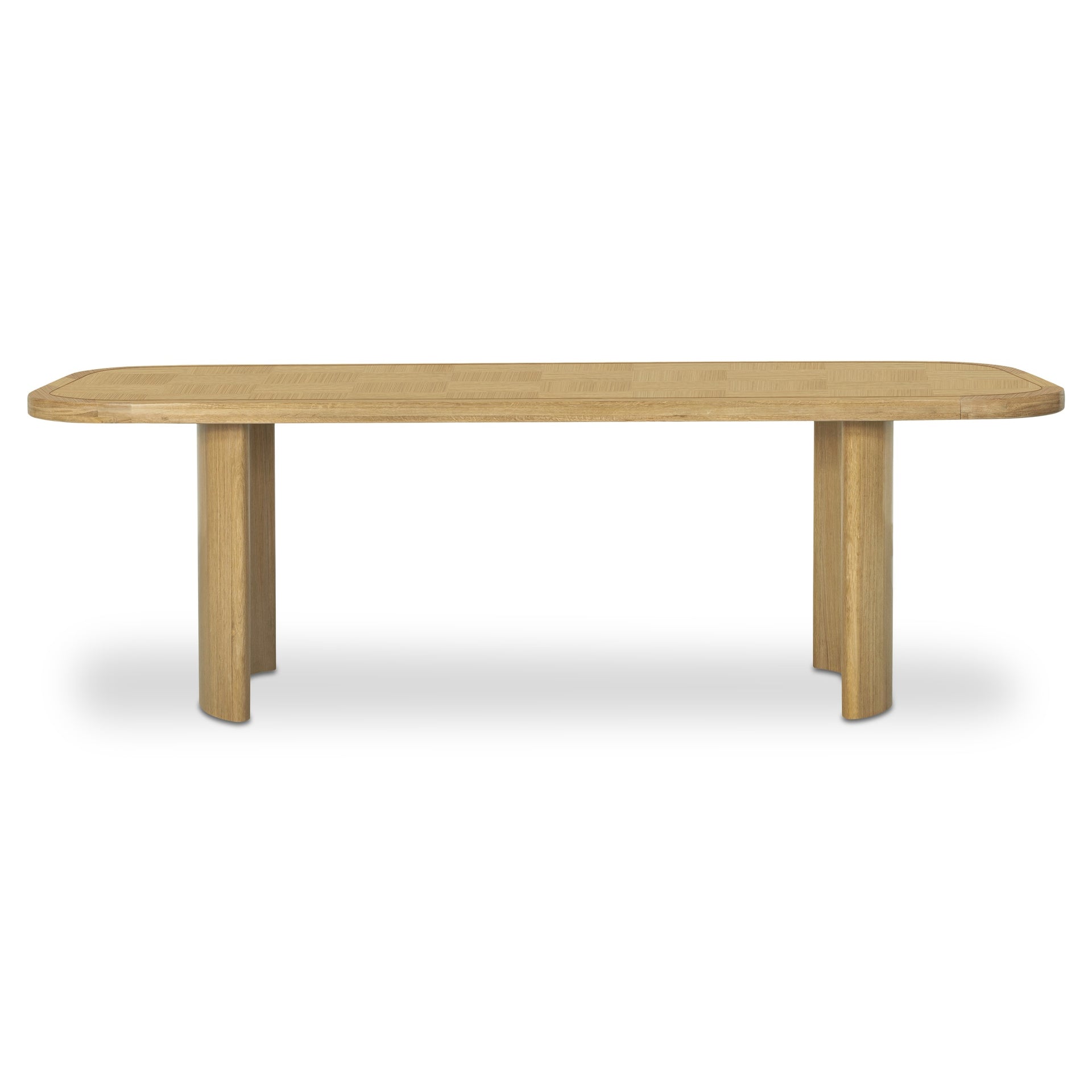 Tamsen Dining Table, Marquetry Checkered Top, Solid Oak, Curved Pedestal Legs, Seats Eight, Natural