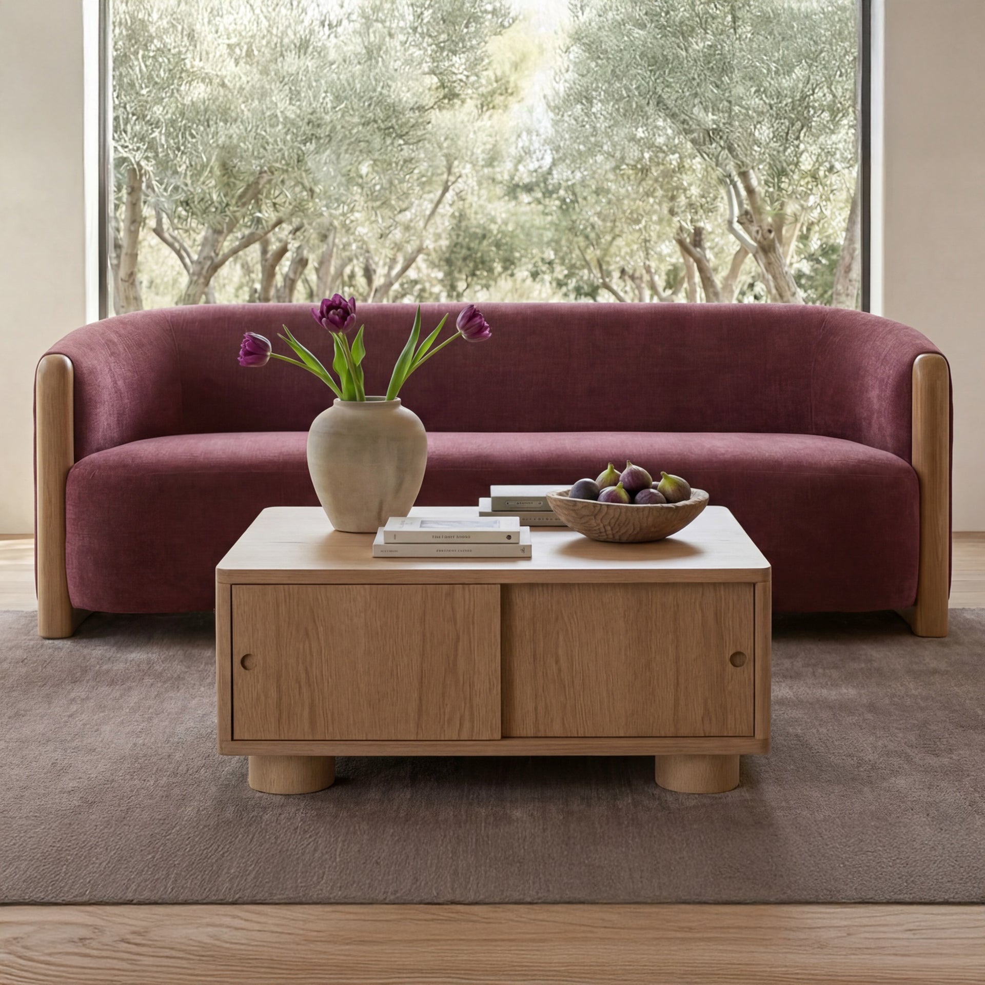 Kindra Coffee Table, Soft-Edge Square, Solid Oak, Rounded Post Legs, Sliding Door Storage, Natural