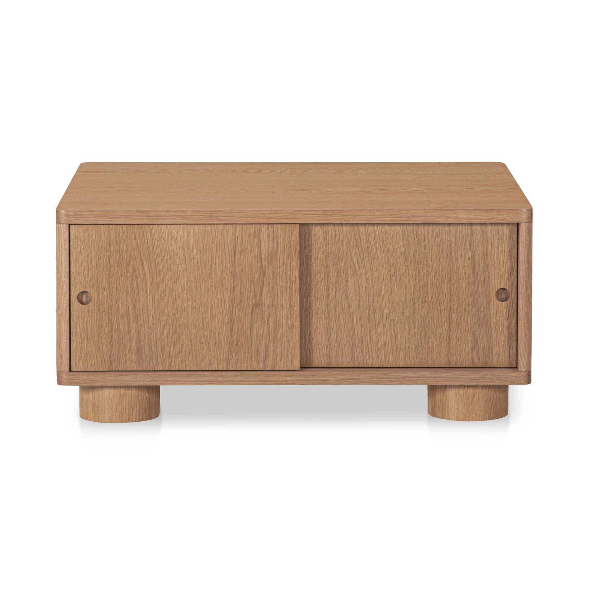 Kindra Coffee Table, Soft-Edge Square, Solid Oak, Rounded Post Legs, Sliding Door Storage, Natural