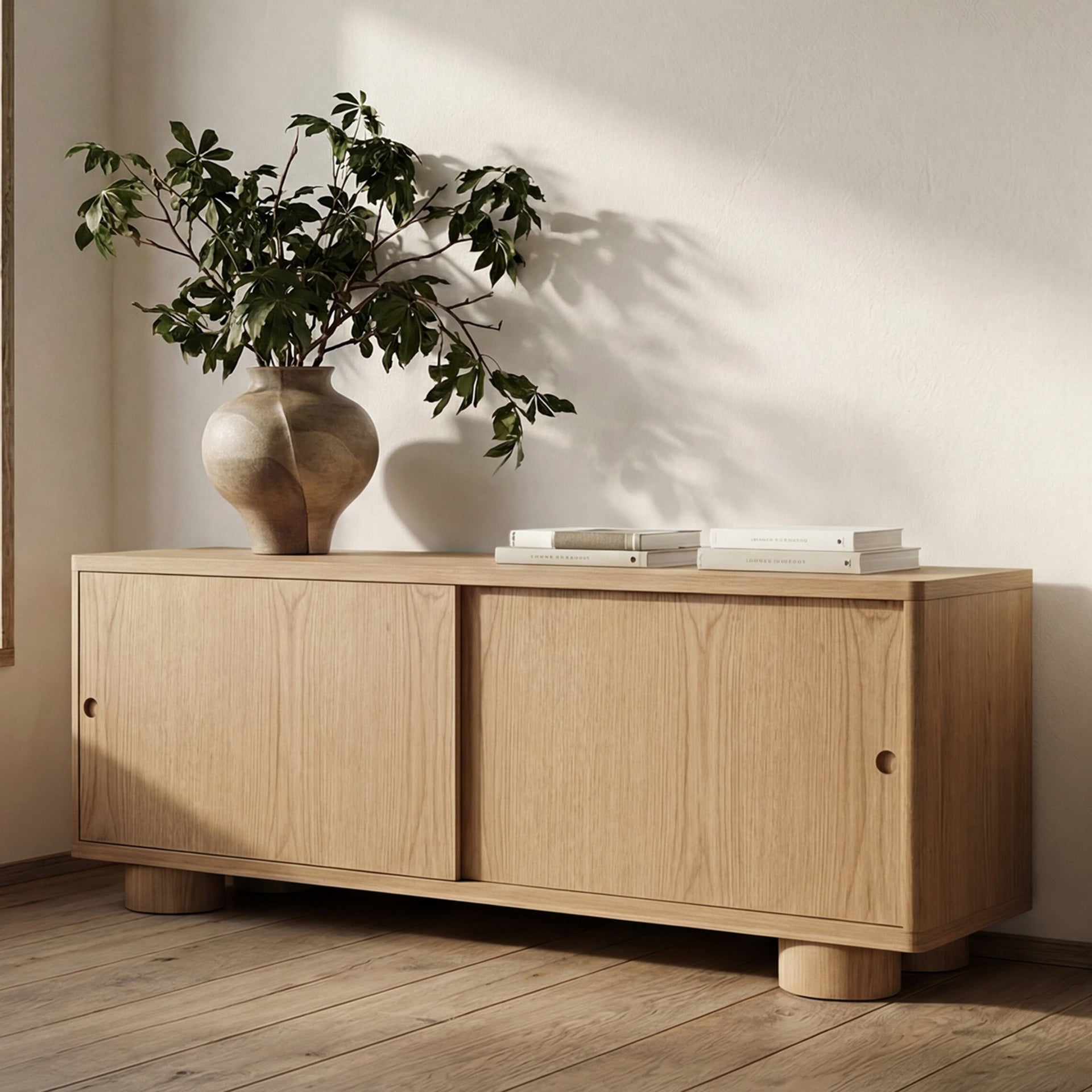 Kindra Media Unit, Soft-Curve Silhouette, Solid Oak, Rounded Post Legs, Sliding Door Storage, Natural