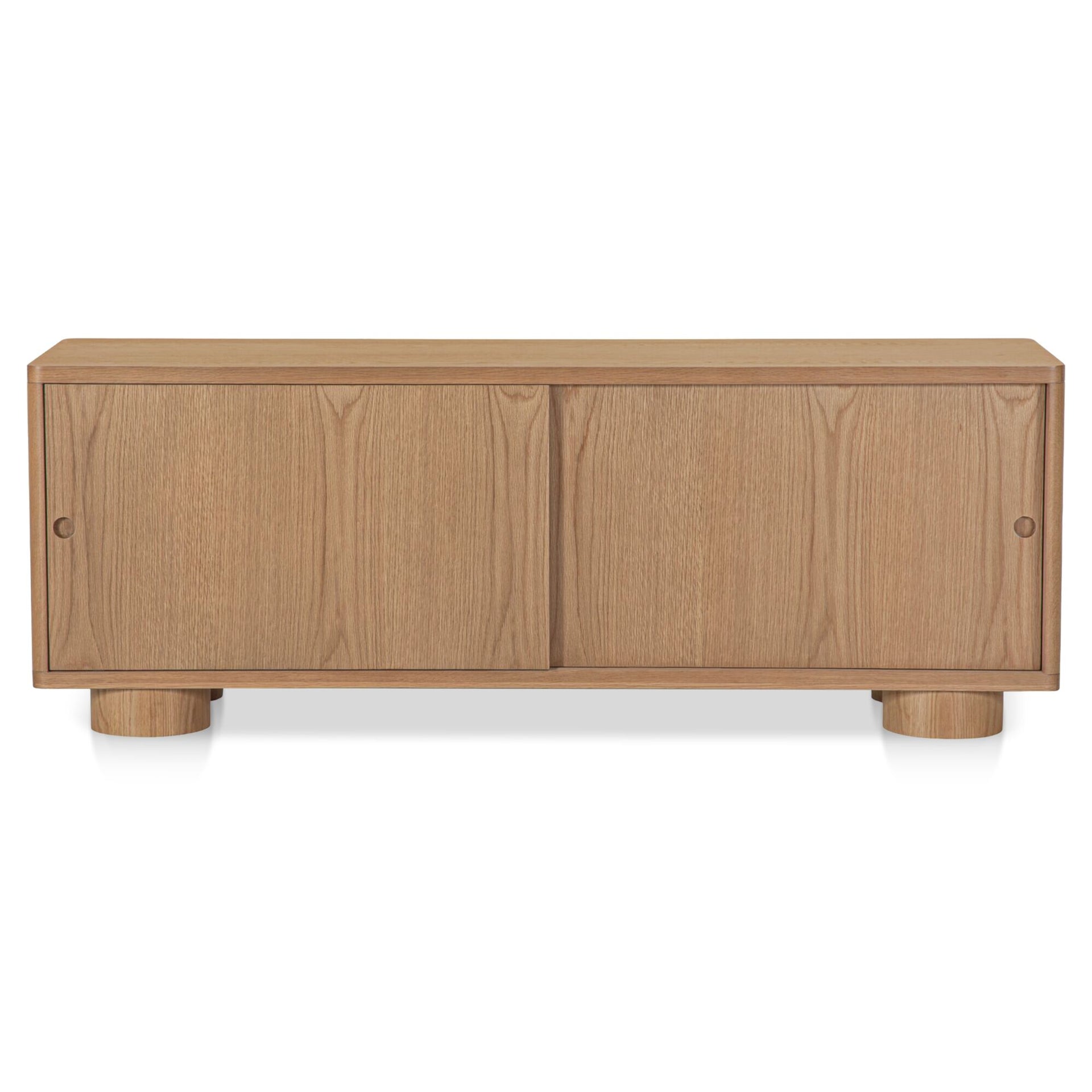 Kindra Media Unit, Soft-Curve Silhouette, Solid Oak, Rounded Post Legs, Sliding Door Storage, Natural