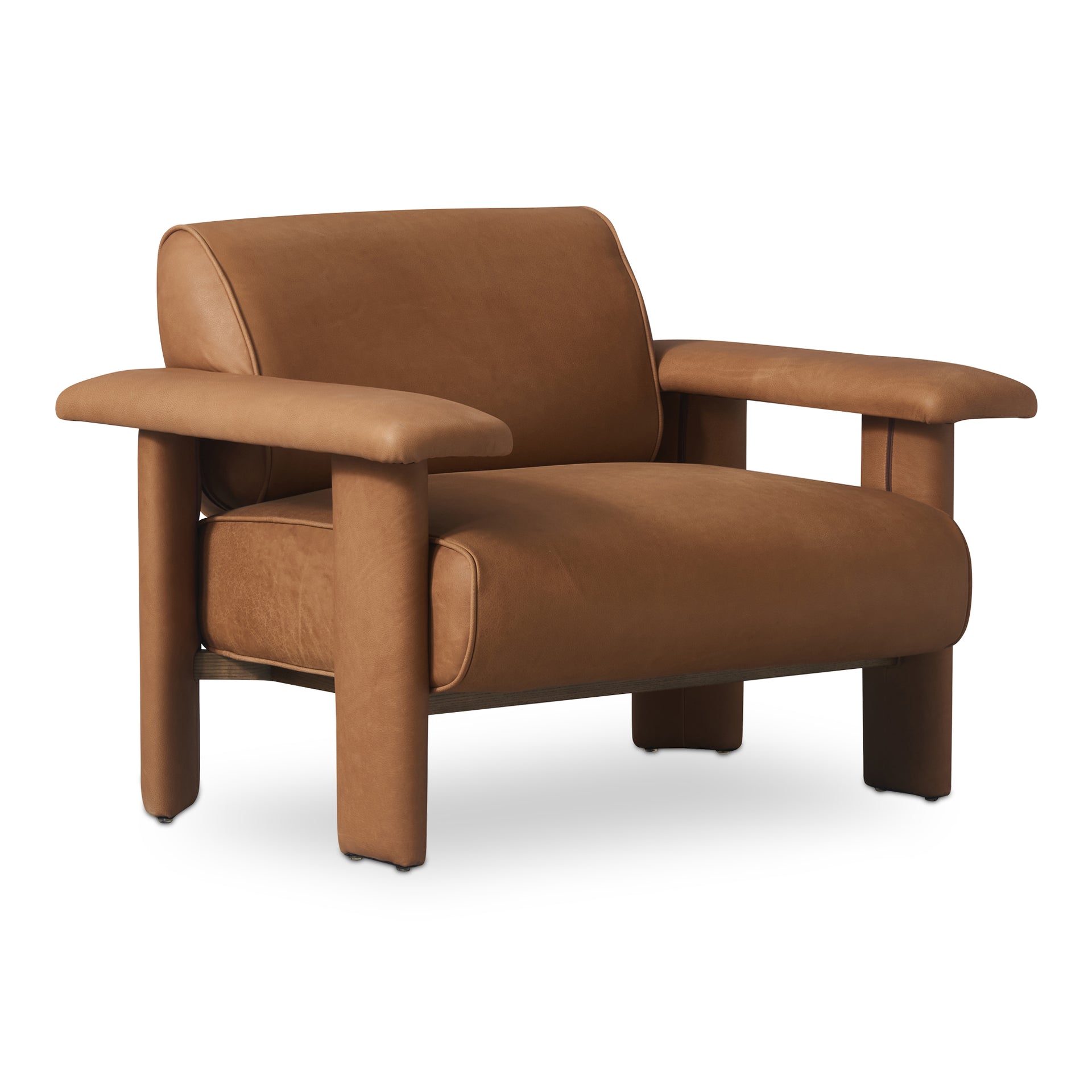 Marcellus Lounge Chair, Full Aniline Leather, Foam Cushions, Piping Details, Tan