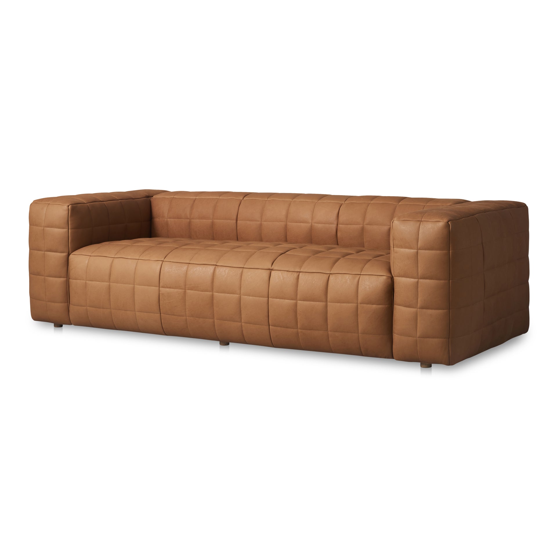 Sylvana Sofa, Full Aniline Leather Upholstery, Grid Stitching, Wide Arms and Bench Seat, Low Back, 3 Seater, Tan