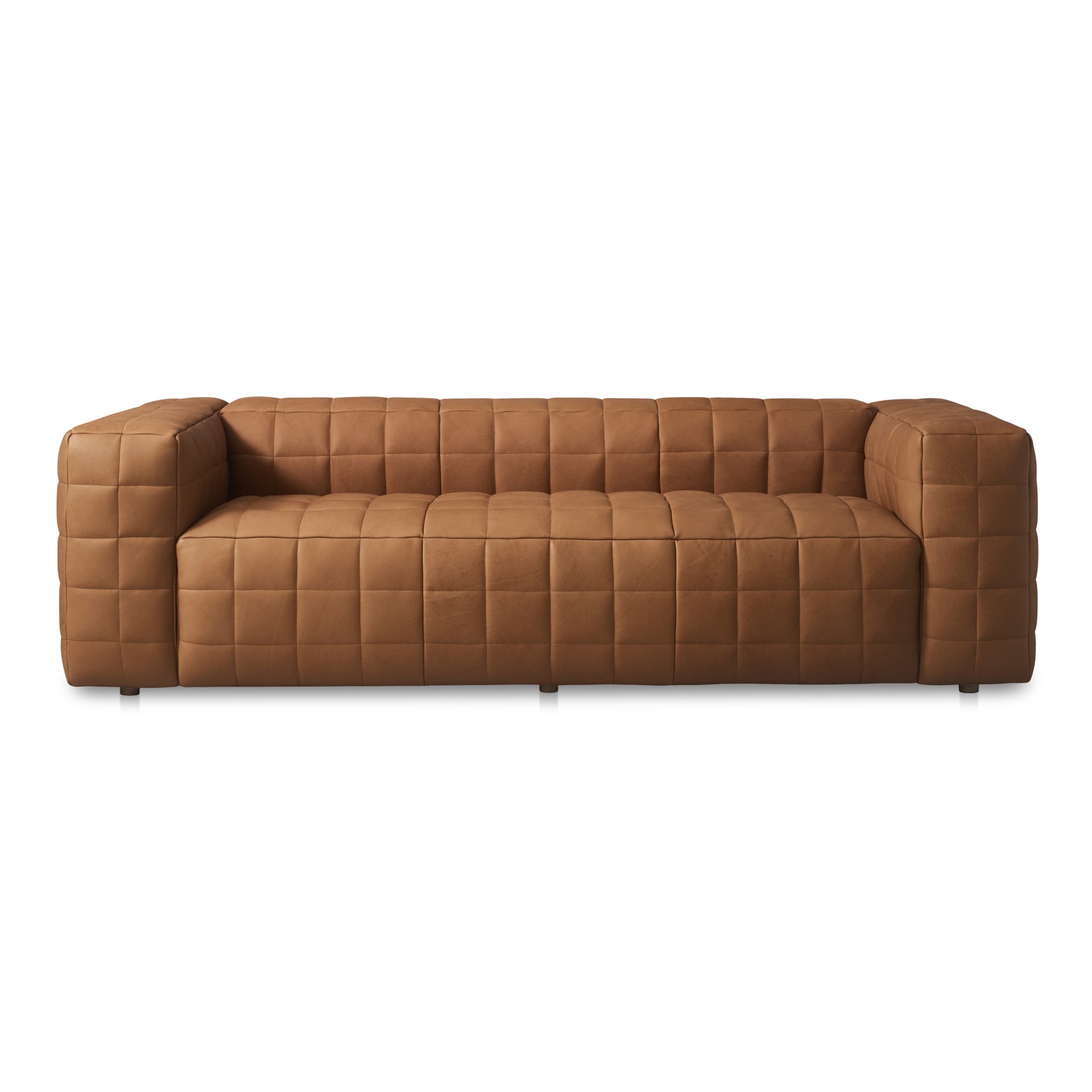 Sylvana Sofa, Full Aniline Leather Upholstery, Grid Stitching, Wide Arms and Bench Seat, Low Back, 3 Seater, Tan