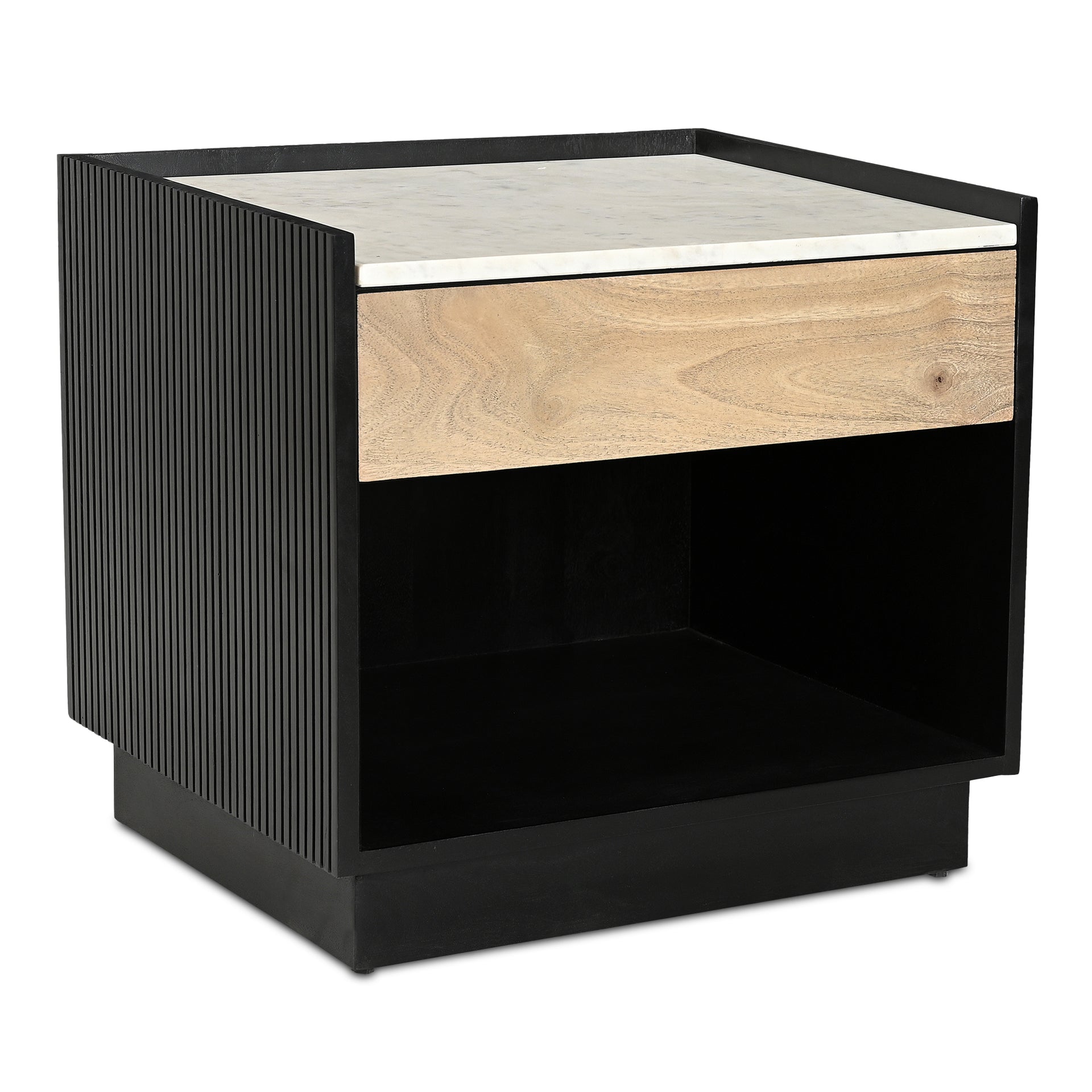 Rhoswen Nightstand, Open and Close Storage, White Banswara Marble Top, Black Ribbed Detail
