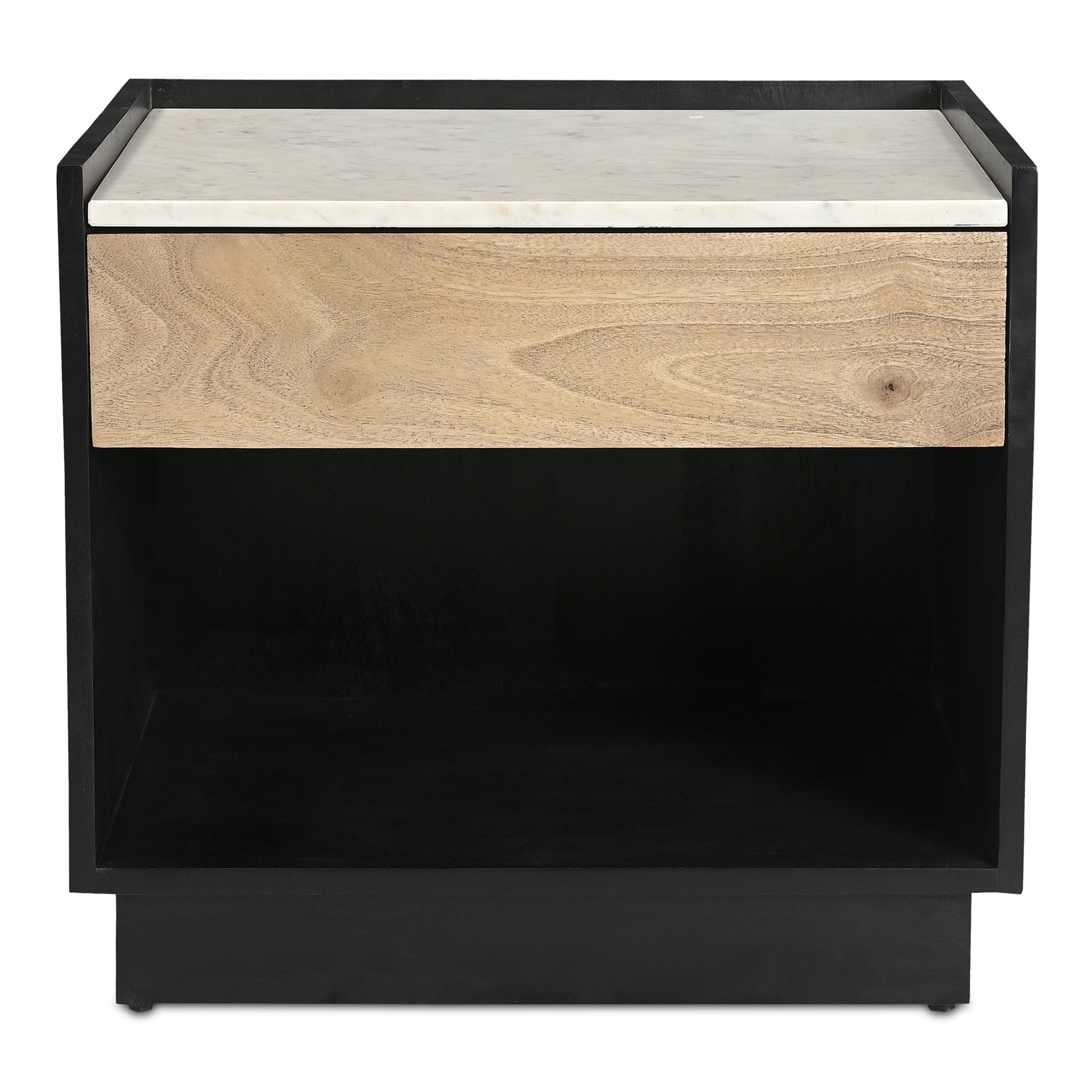 Rhoswen Nightstand, Open and Close Storage, White Banswara Marble Top, Black Ribbed Detail