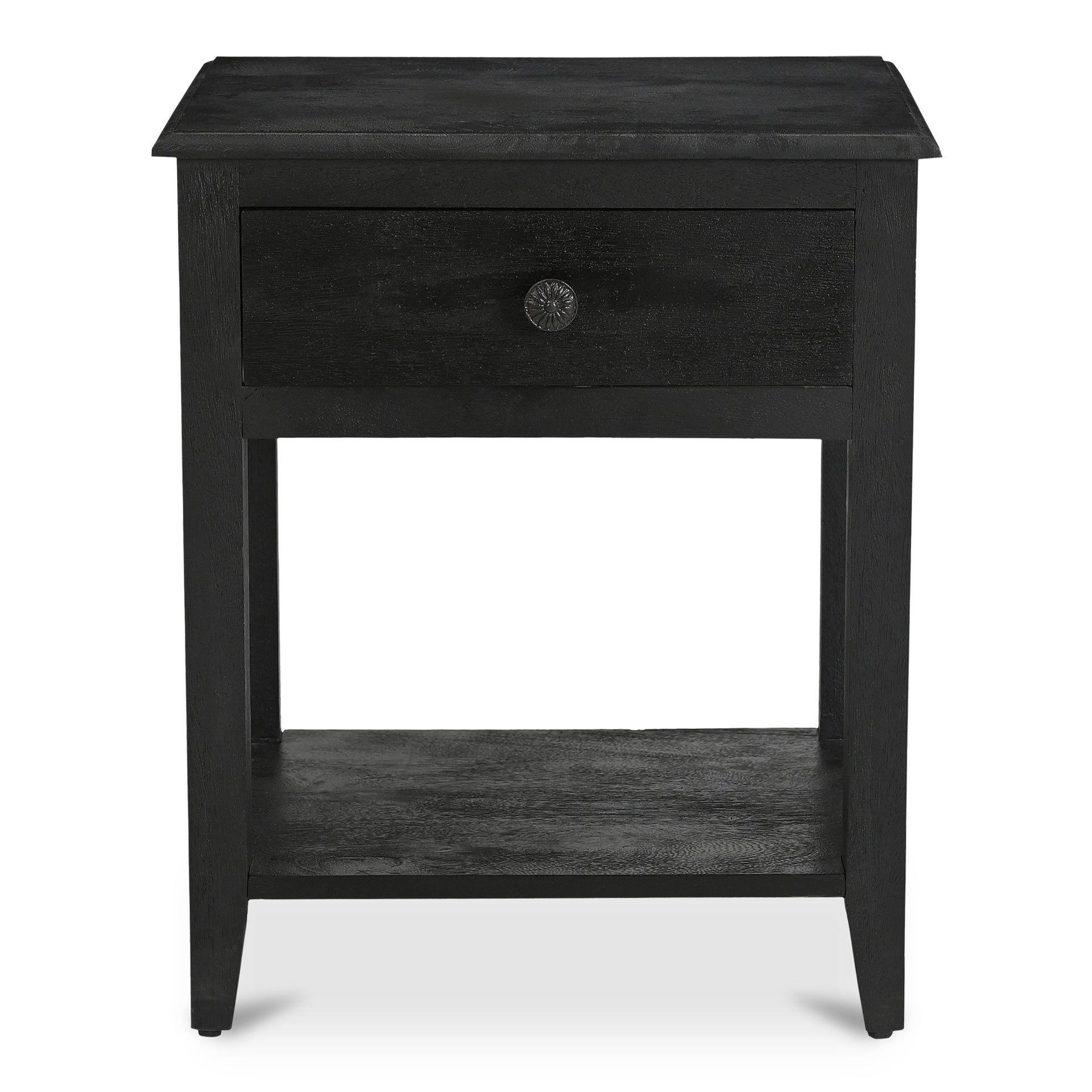 Arden Nightstand, Mango Wood, Floral Metal Drawer Pull, Rustic Black Finish