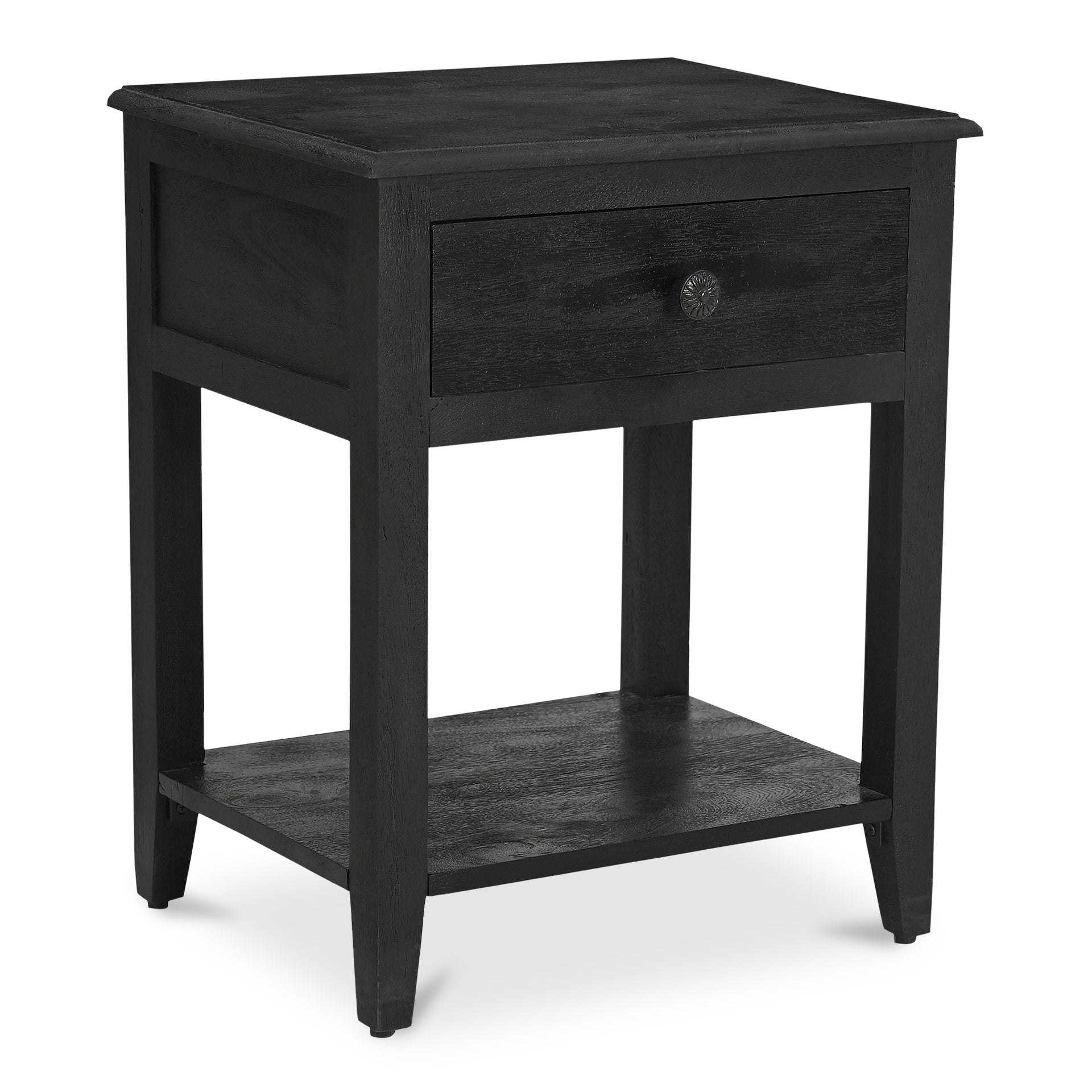 Arden Nightstand, Mango Wood, Floral Metal Drawer Pull, Rustic Black Finish