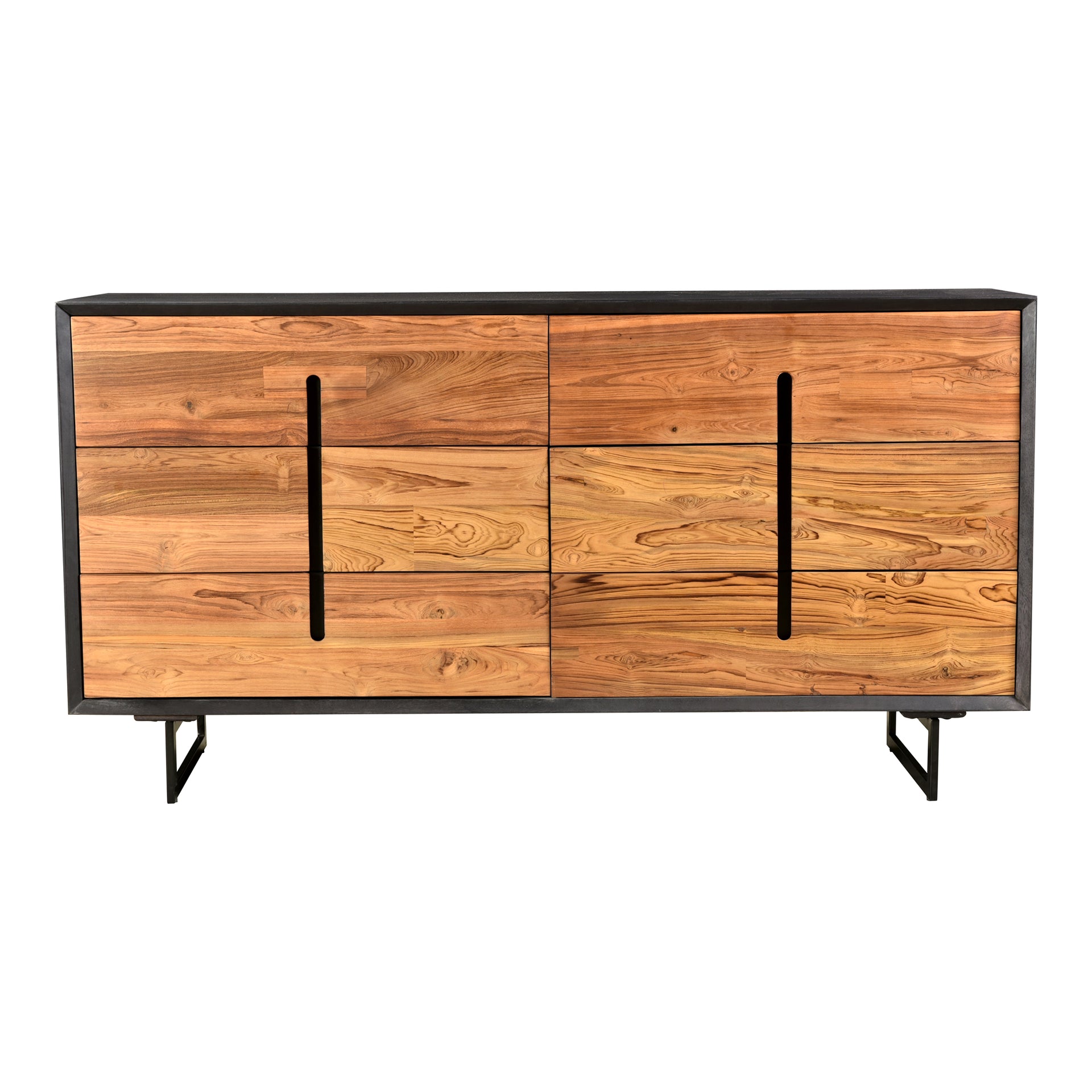 Lennox, Dresser, Scandinavian Solid Mango Wood with Reclaimed Teak Doors and Steel Legs, 6 Drawers, Light Brown