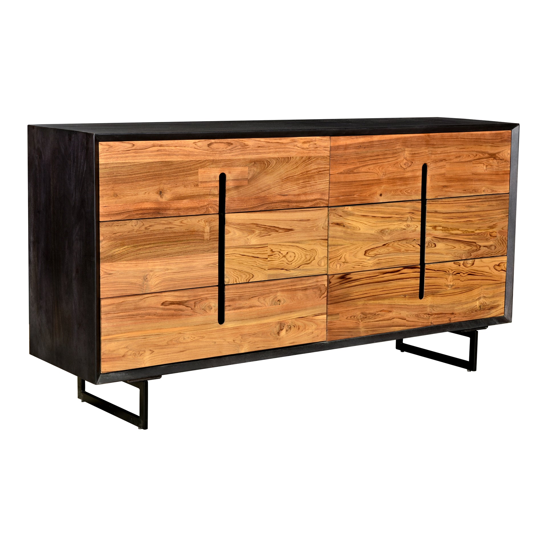 Lennox, Dresser, Scandinavian Solid Mango Wood with Reclaimed Teak Doors and Steel Legs, 6 Drawers, Light Brown