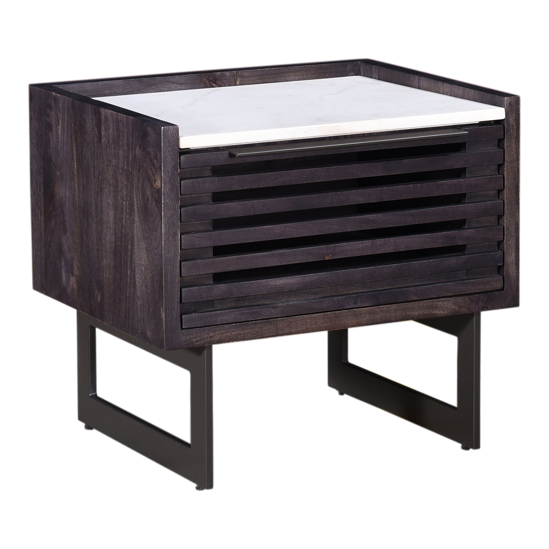Ozias Nightstand, Solid Mango Wood, White Marble Top, Steel Legs, Charcoal Grey