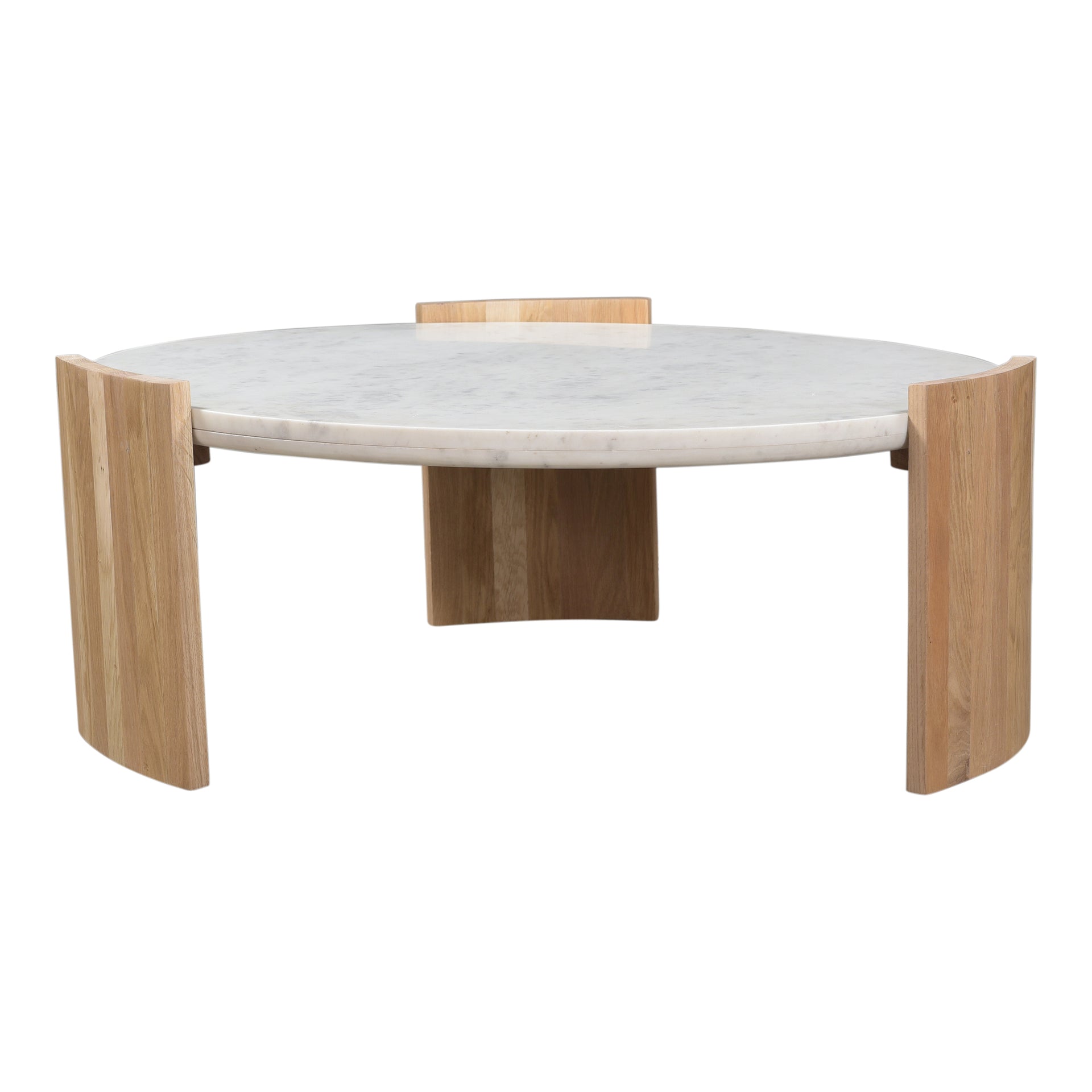 Crest Coffee Table, Round Banswara White Marble Top, Solid Oak Legs, White