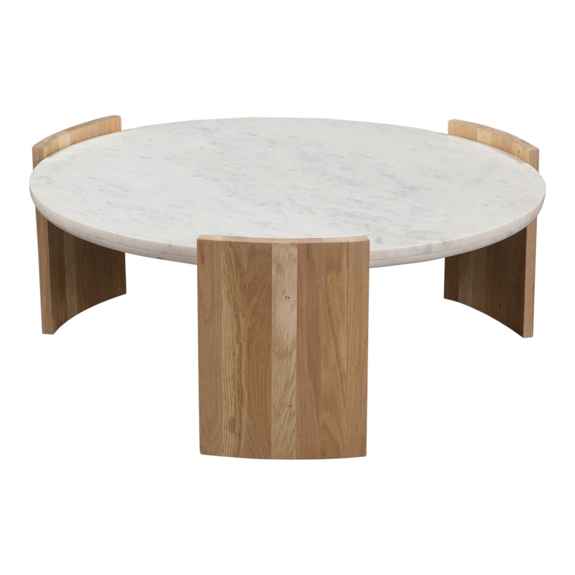 Crest Coffee Table, Round Banswara White Marble Top, Solid Oak Legs, White