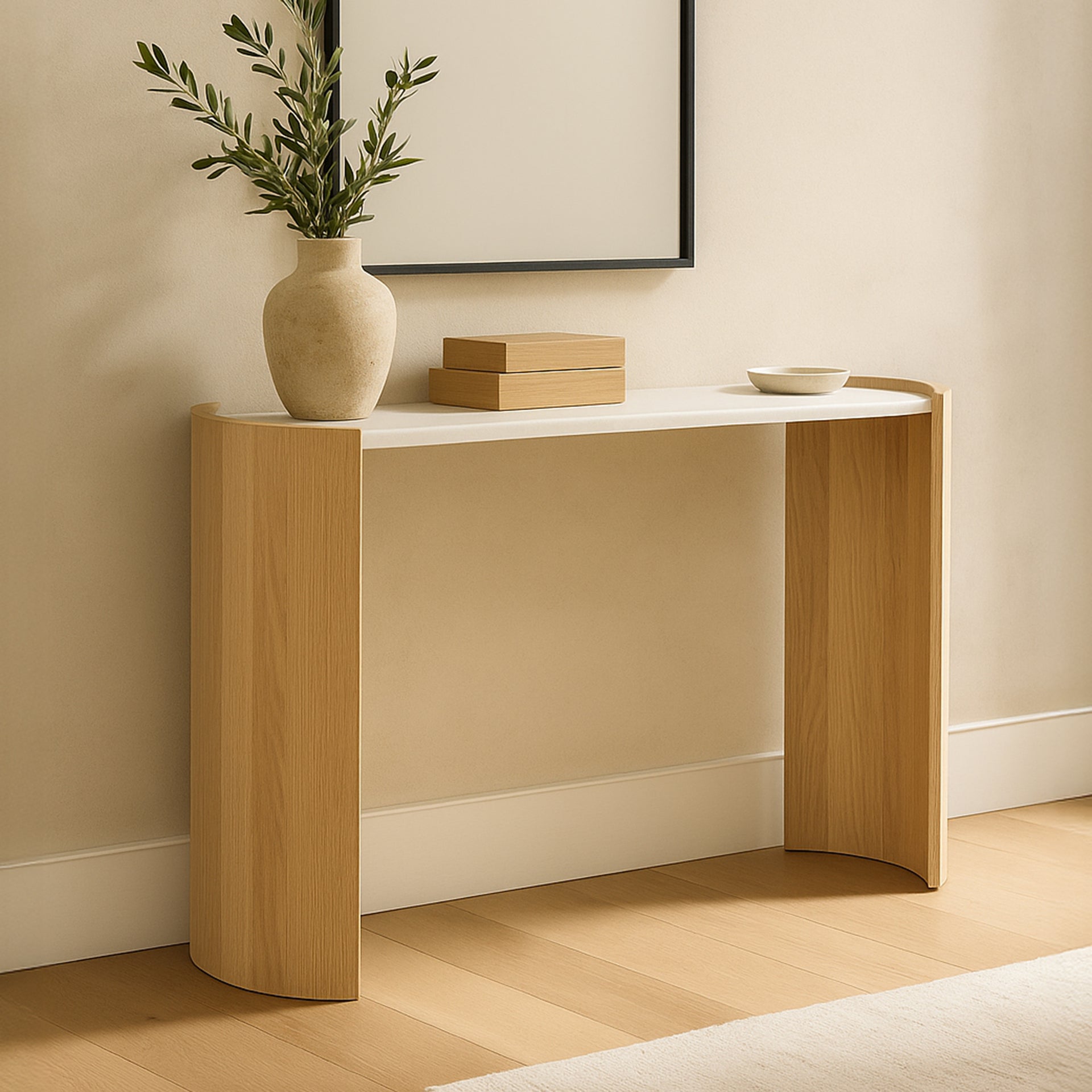 Crest Console Table, Banswara White Marble Top, Oak Veneer Base, Natural Finish