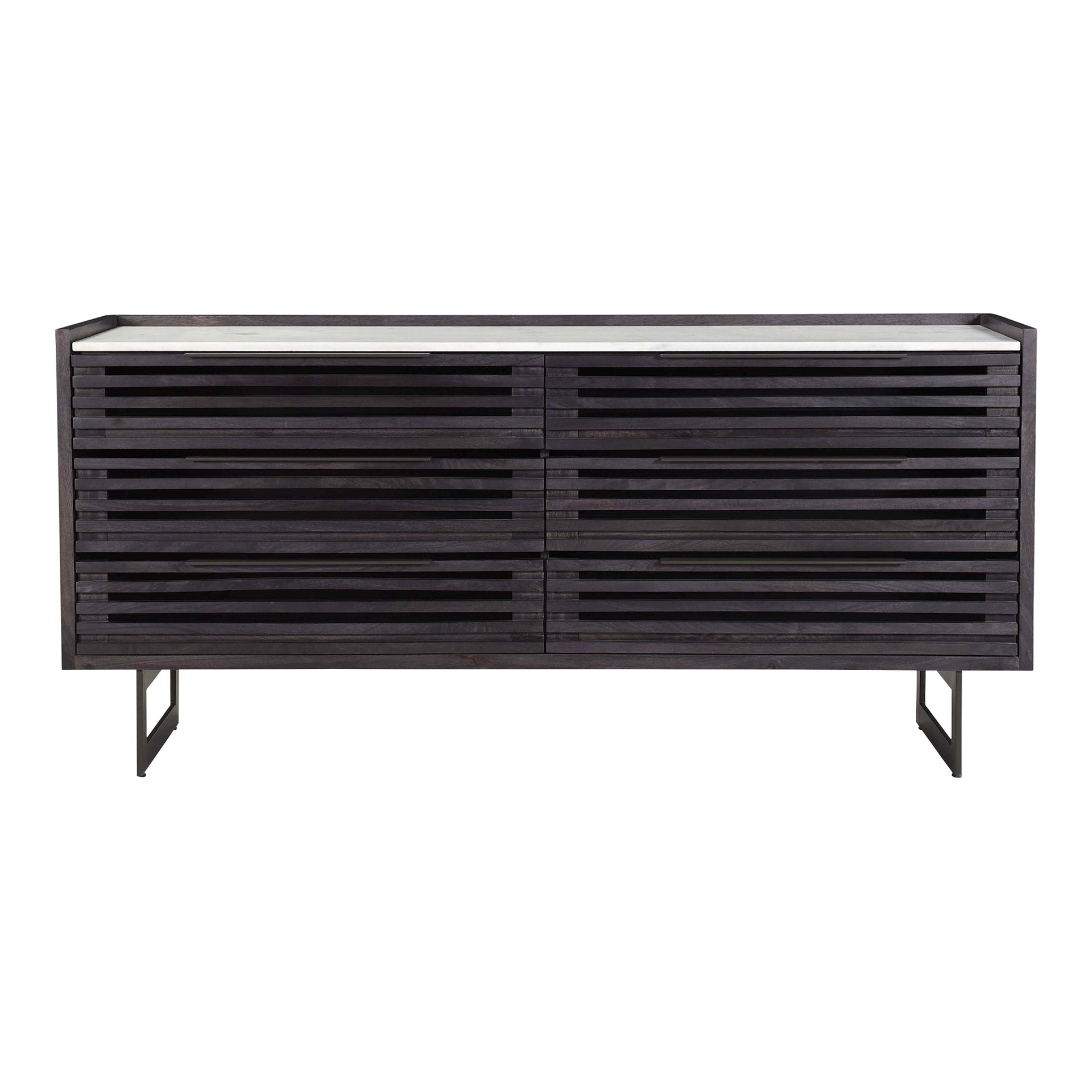Ozias Dresser, Rectangular Solid Mango Wood with White Banswara Marble Top and Steel Legs, 6-Drawer, Grey