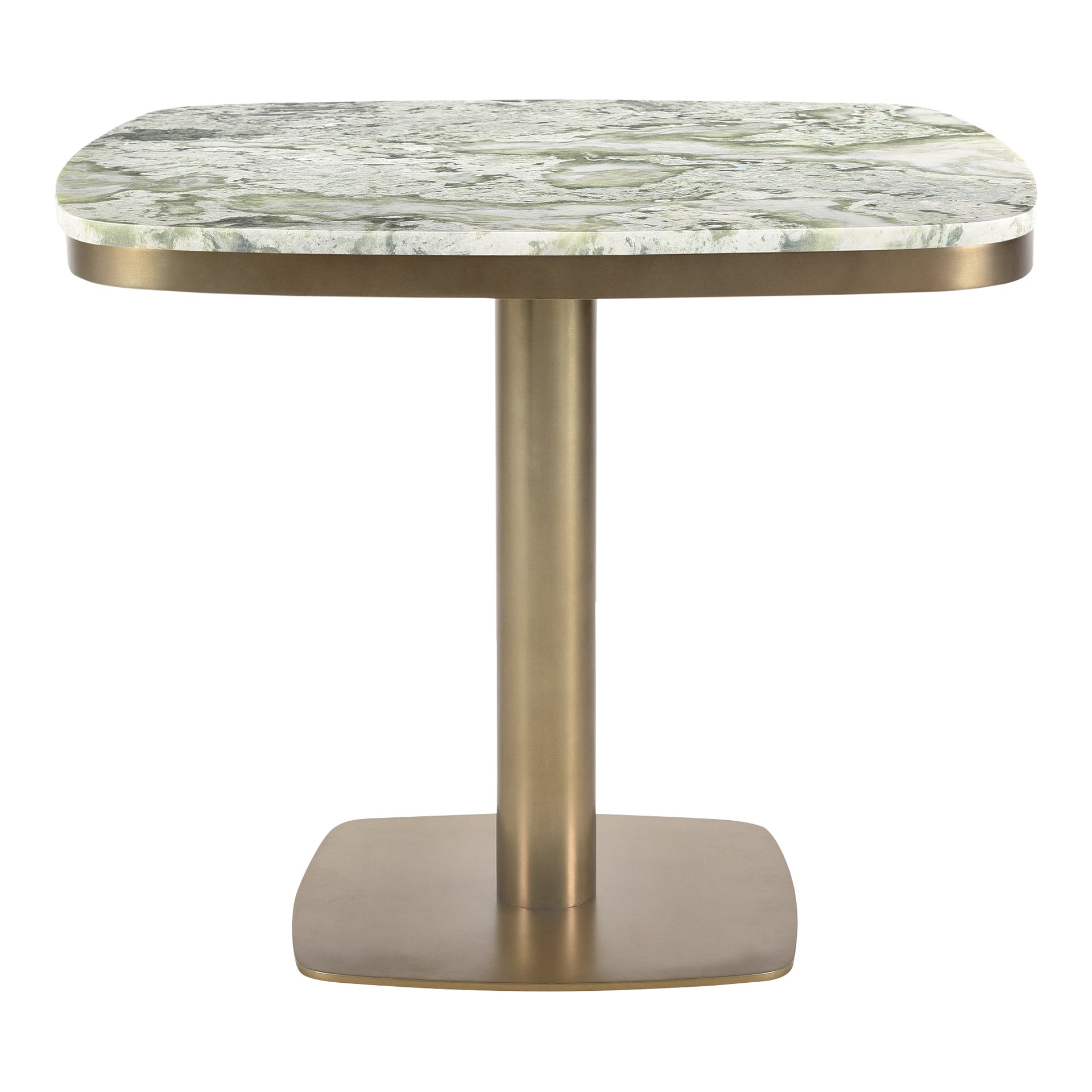 Vaela Cafe Table, Green Onyx Marble Top, Antiqued Brass Iron Base, Square Shape, Green