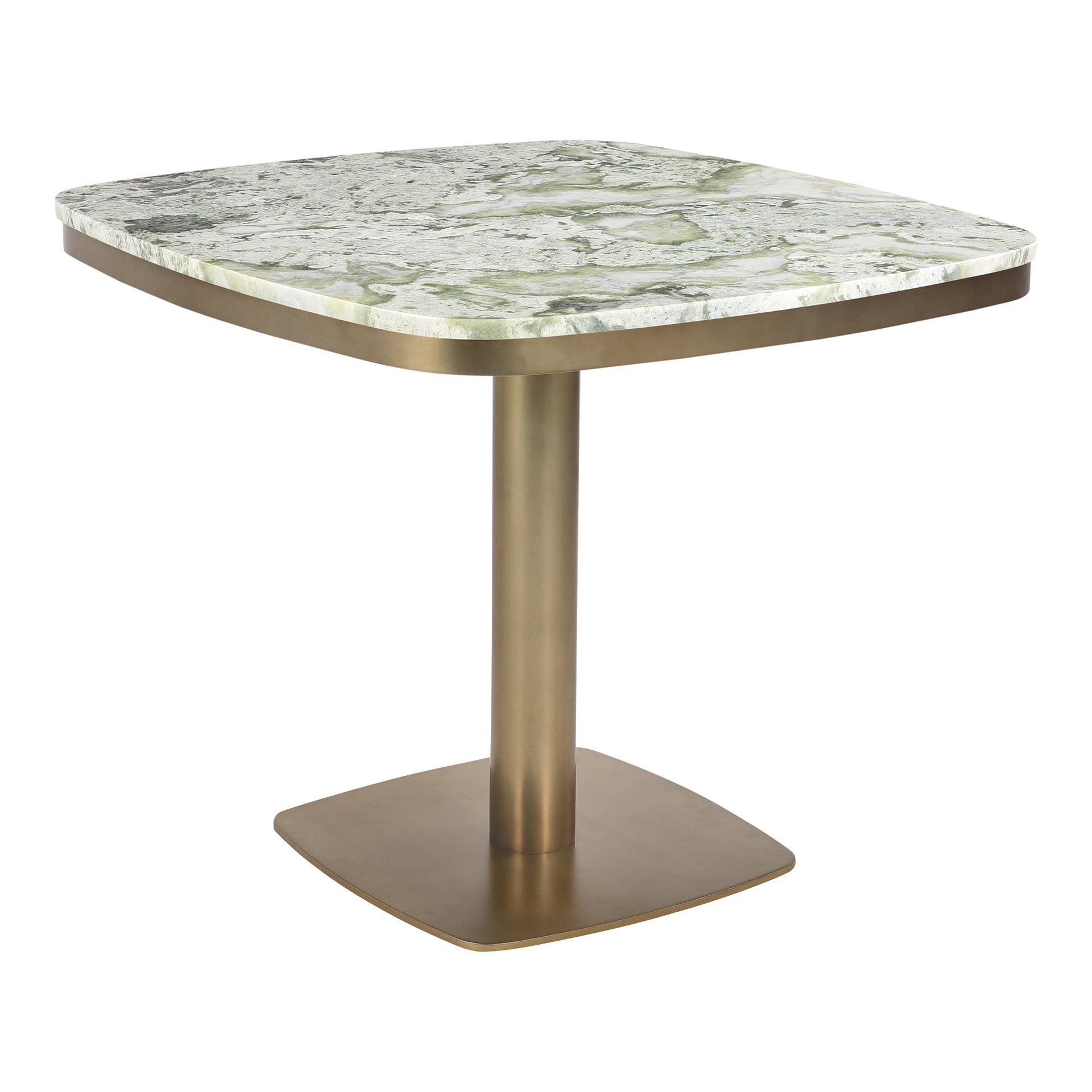 Vaela Cafe Table, Green Onyx Marble Top, Antiqued Brass Iron Base, Square Shape, Green