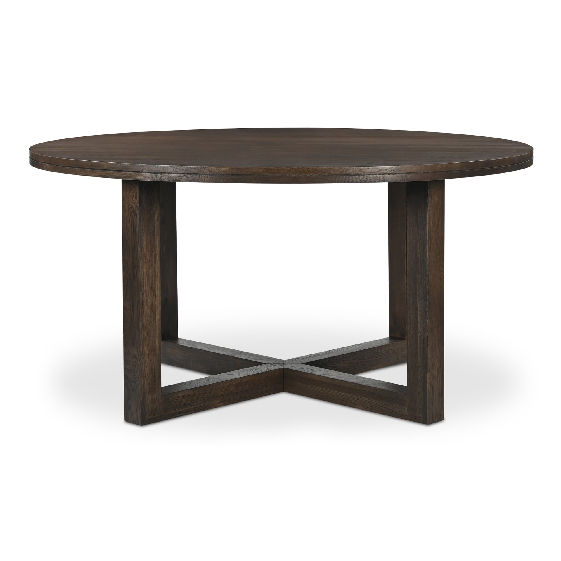 Arlisse Dining Table for 6, Round Oak Wood Top, Dual-Layer Top with V-Groove Iron Crossing Base, Dark Brown