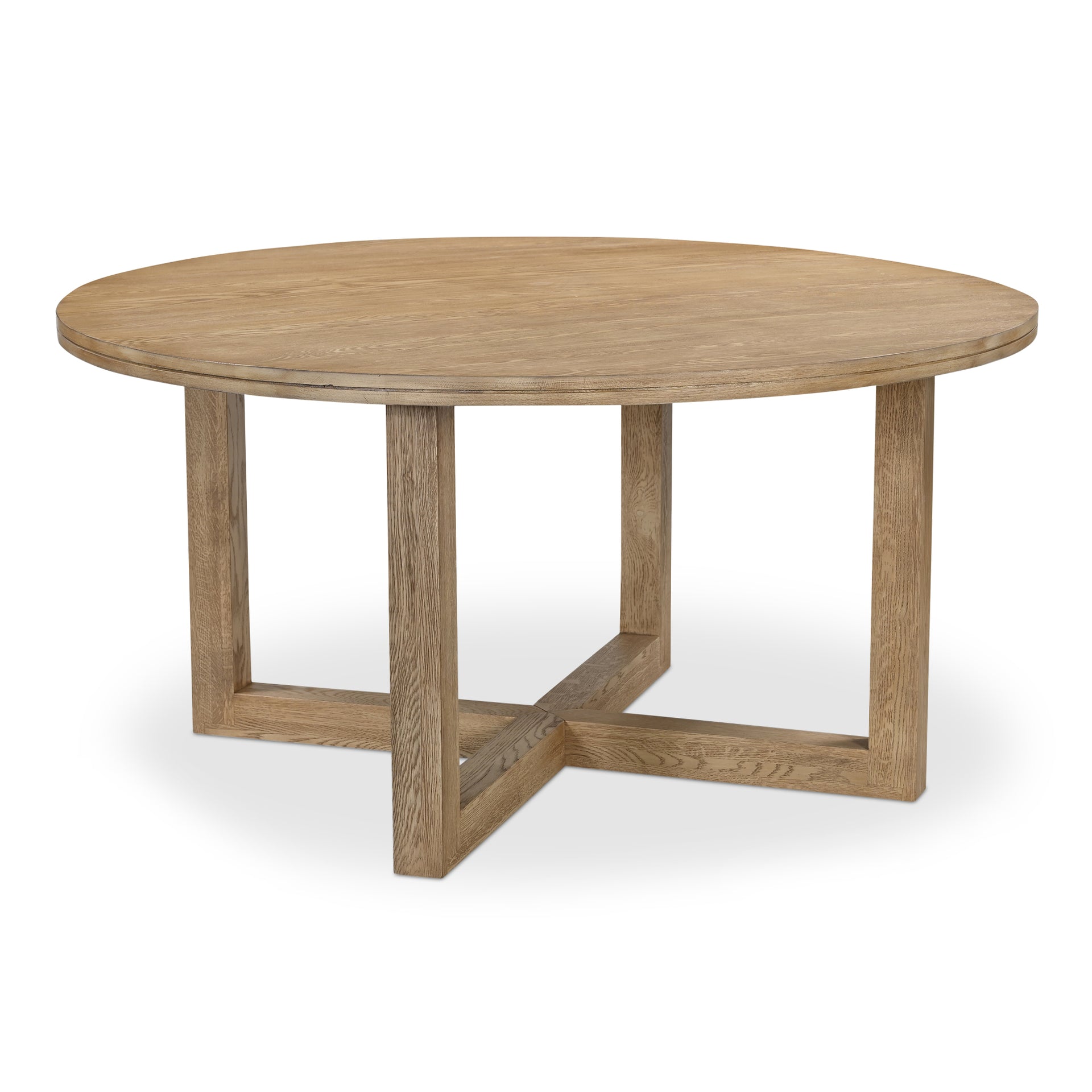 Arlisse Dining Table, Round Top, Solid Wire‑Brushed Oak, Dual‑Layer Top with V‑Groove Iron Crossing Base, Seats 6, Natural
