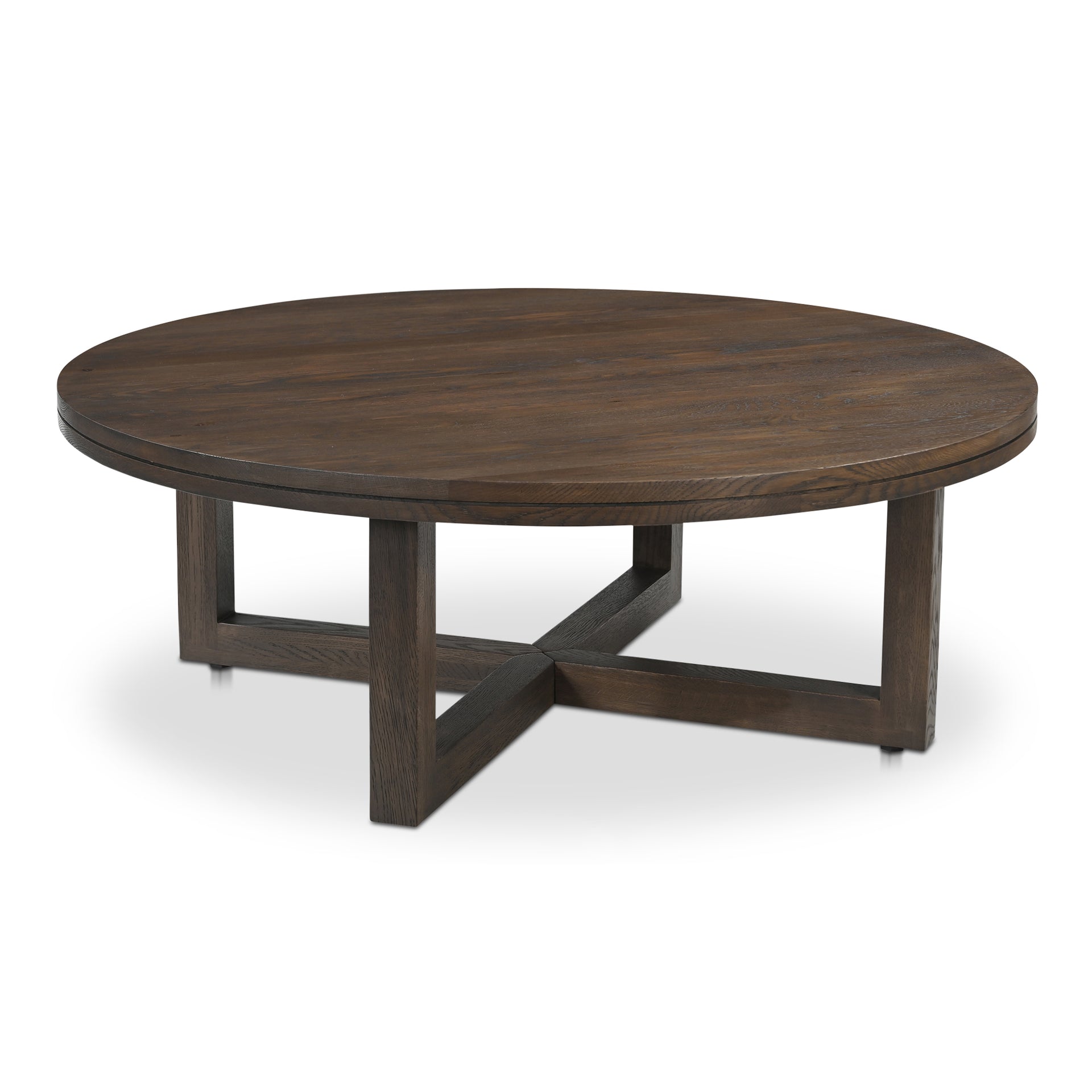 Arlisse Coffee Table, Layered Round Oak Top with Crisscross Iron Base, Dark Brown