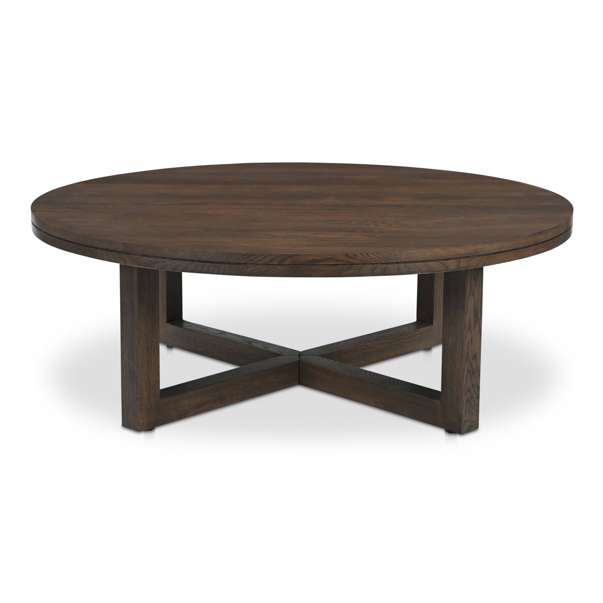 Arlisse Coffee Table, Layered Round Oak Top with Crisscross Iron Base, Dark Brown