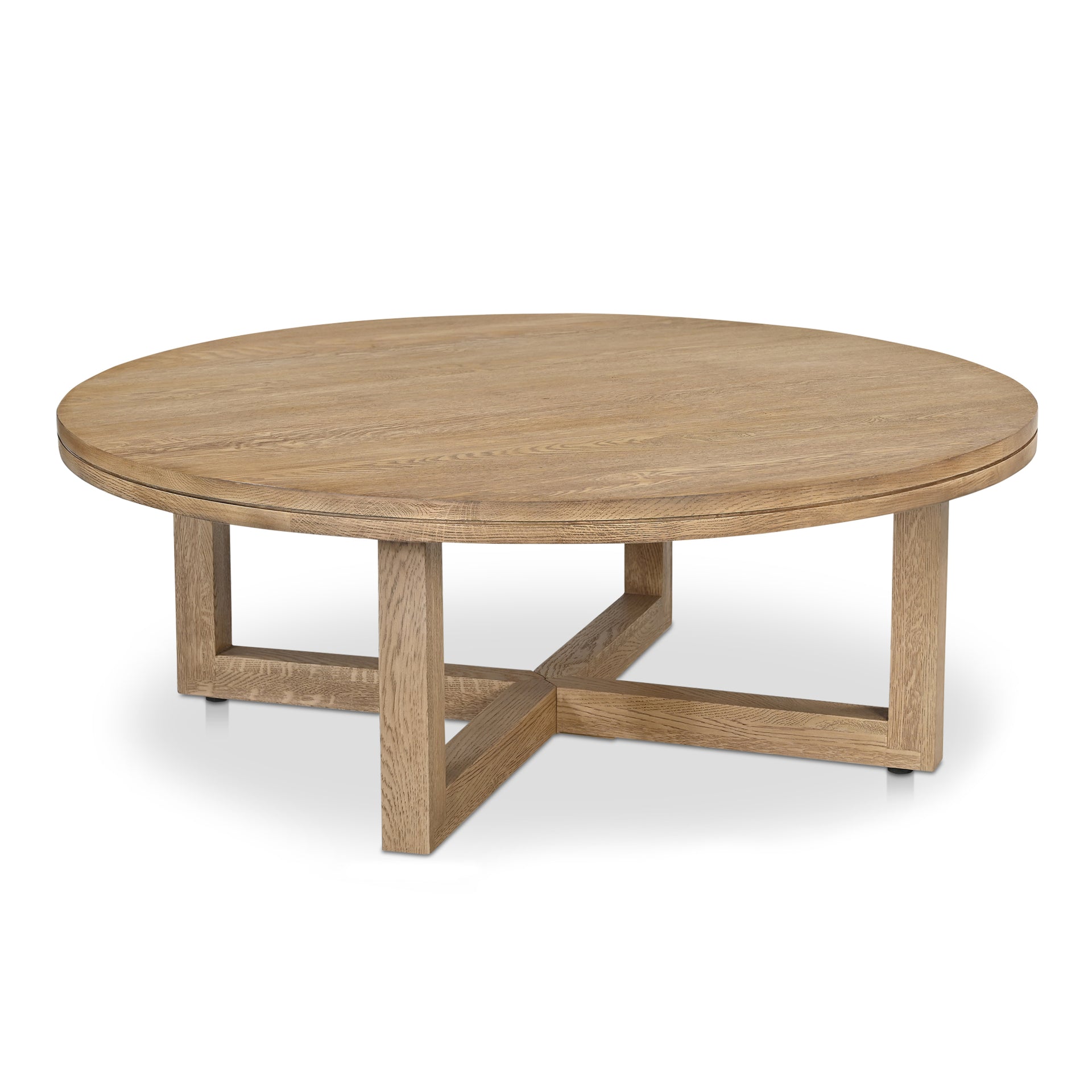 Arlisse Coffee Table, Round Top, Solid Wire‑Brushed Oak, Dual‑Layer Top with V‑Groove Iron Crisscross Base, Natural