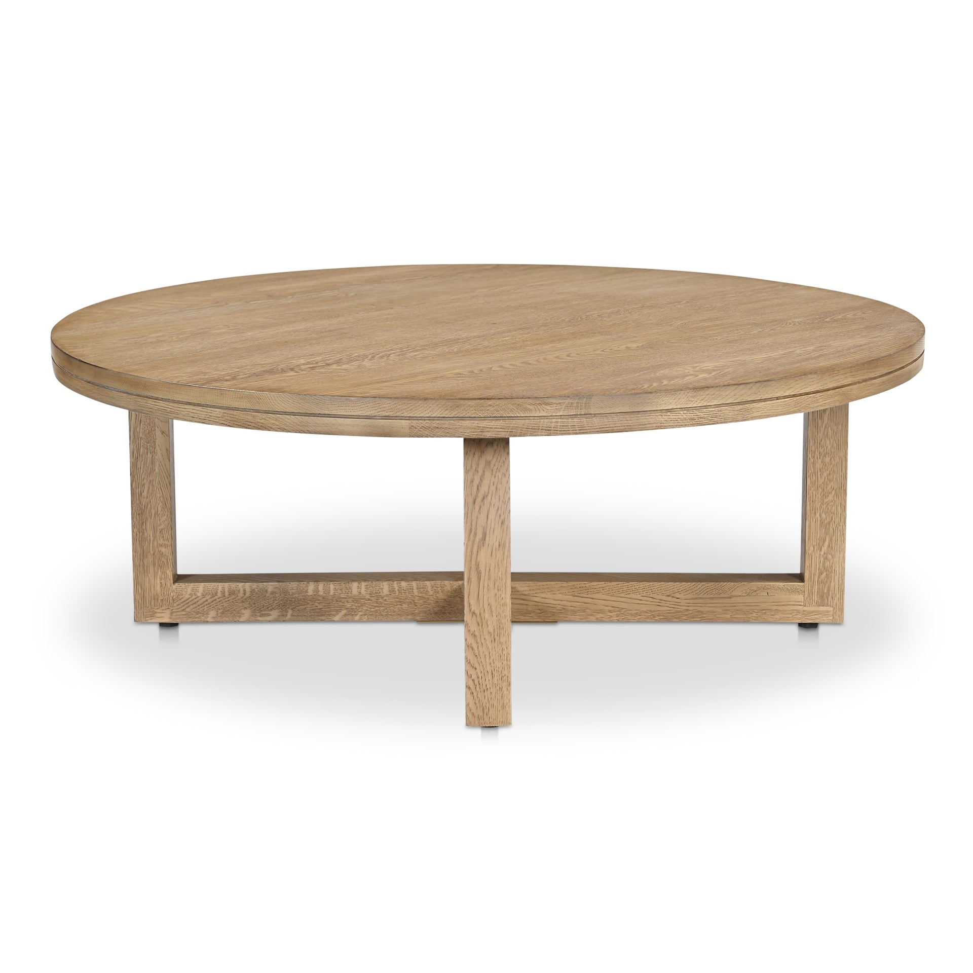Arlisse Coffee Table, Round Top, Solid Wire‑Brushed Oak, Dual‑Layer Top with V‑Groove Iron Crisscross Base, Natural