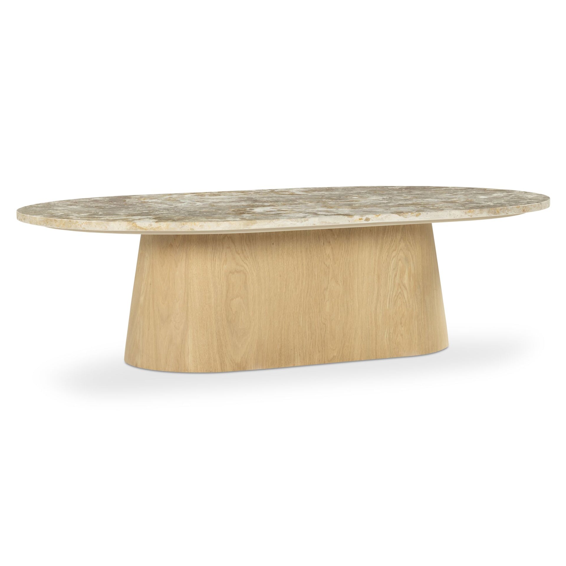 Corstan Coffee Table, Oval, Panther Marble Top, Oak Veneer Pedestal, Stain Resistant, Beige