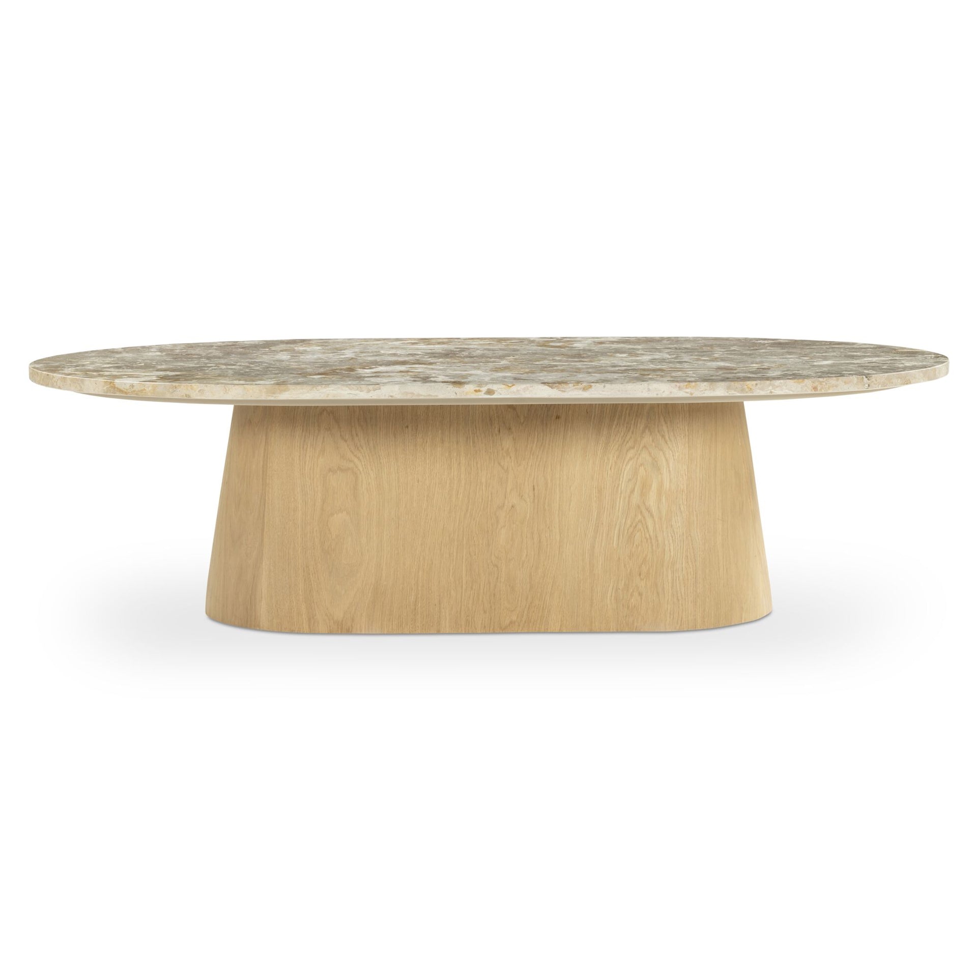 Corstan Coffee Table, Oval, Panther Marble Top, Oak Veneer Pedestal, Stain Resistant, Beige