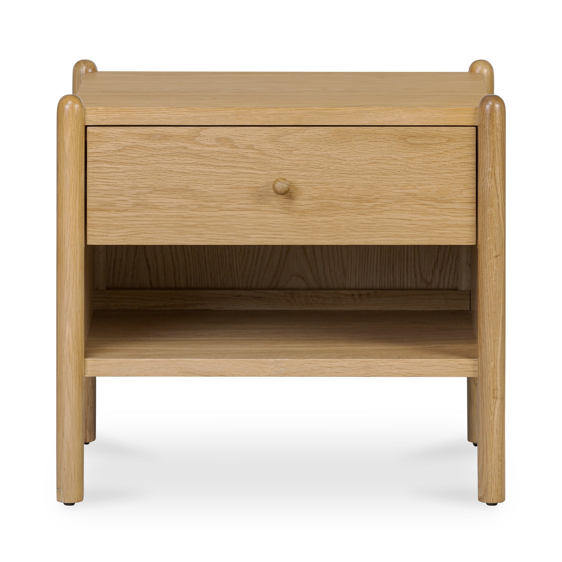 Ophira Nightstand Drawer and Open Shelf, Oak Veneer Over MDF Frame with Solid Oak Legs and Handle, Natural Finish