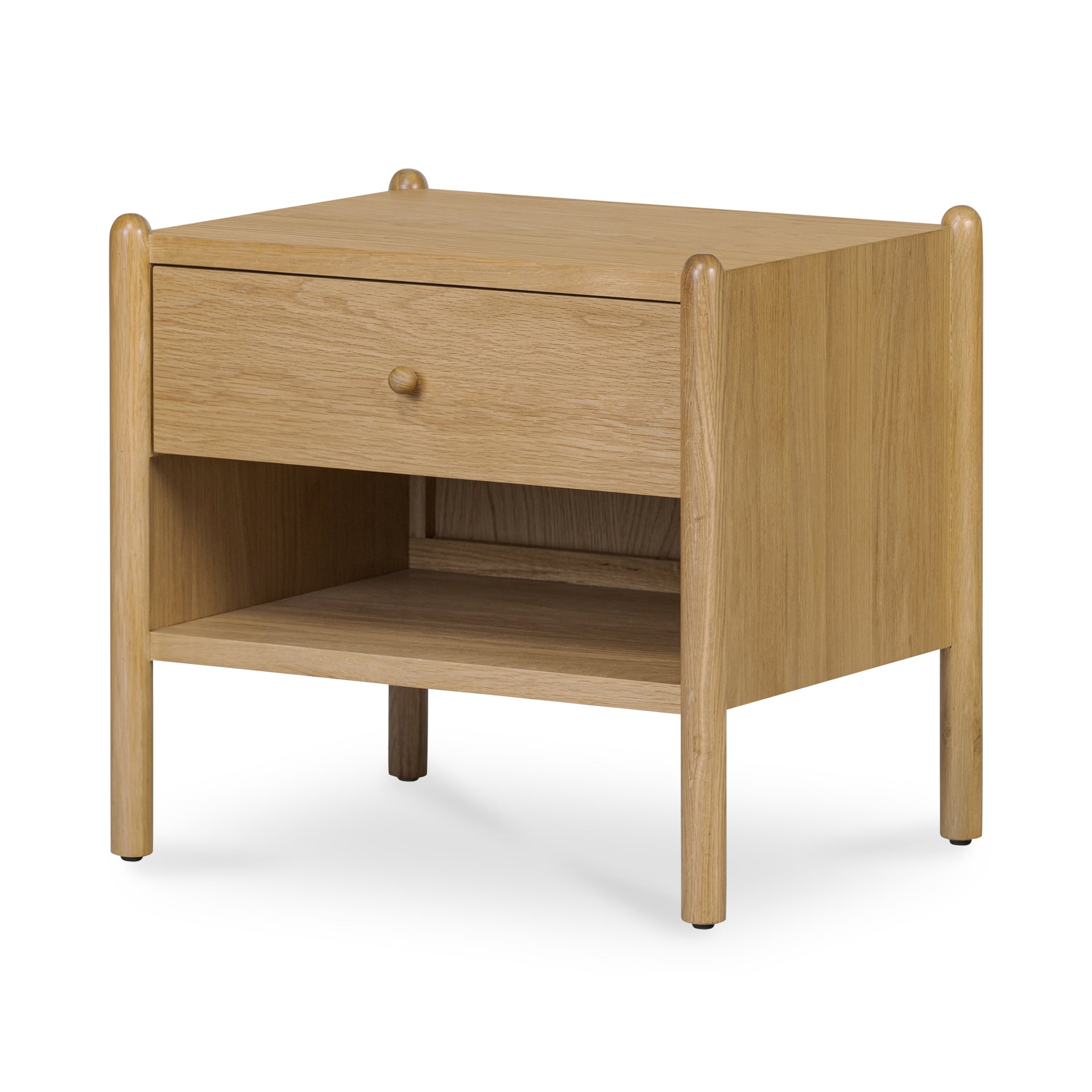 Ophira Nightstand Drawer and Open Shelf, Oak Veneer Over MDF Frame with Solid Oak Legs and Handle, Natural Finish