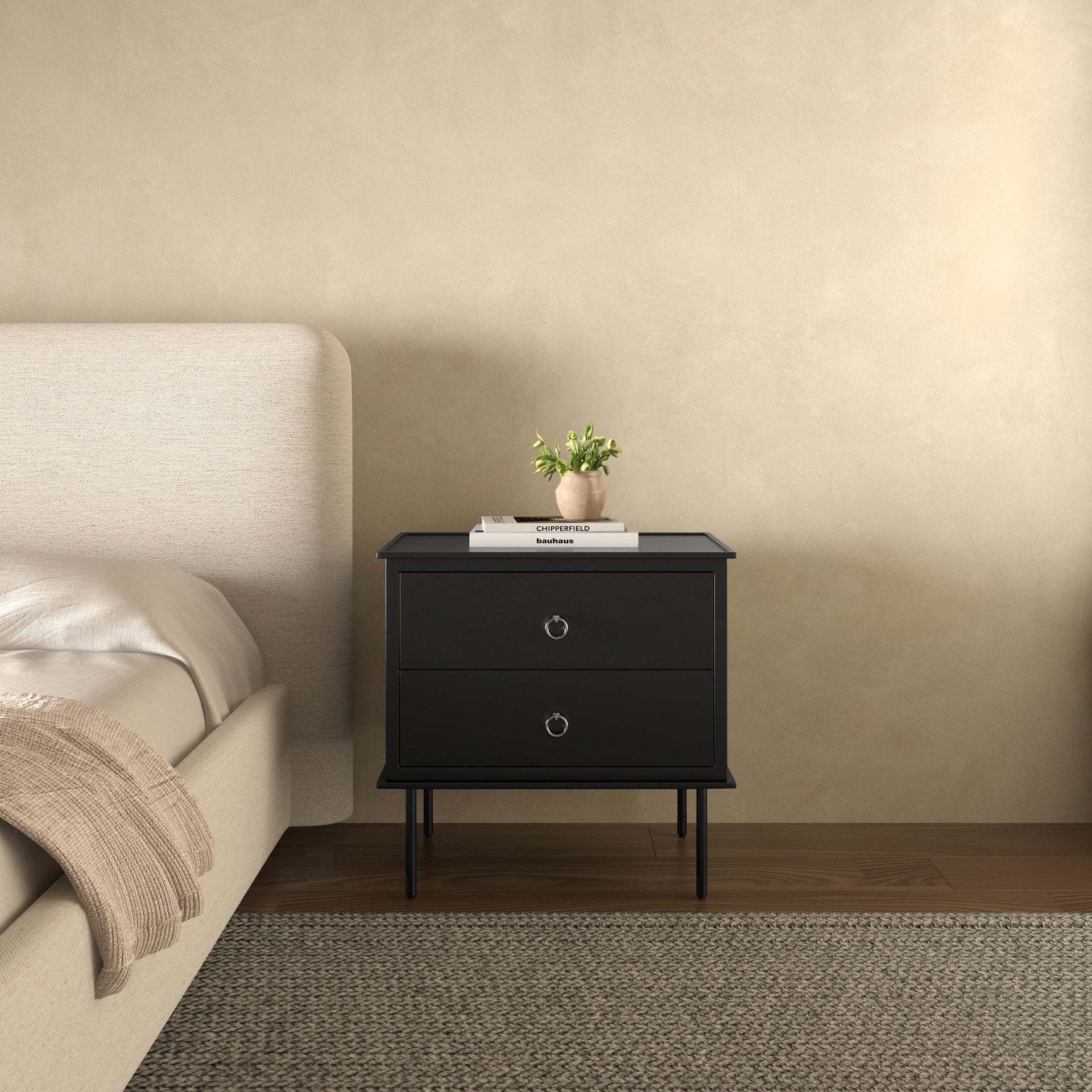 Glenn, Nightstand, 2-Drawer, MDF and Acacia Frame, Soft-Closing Drawer, Matt Black