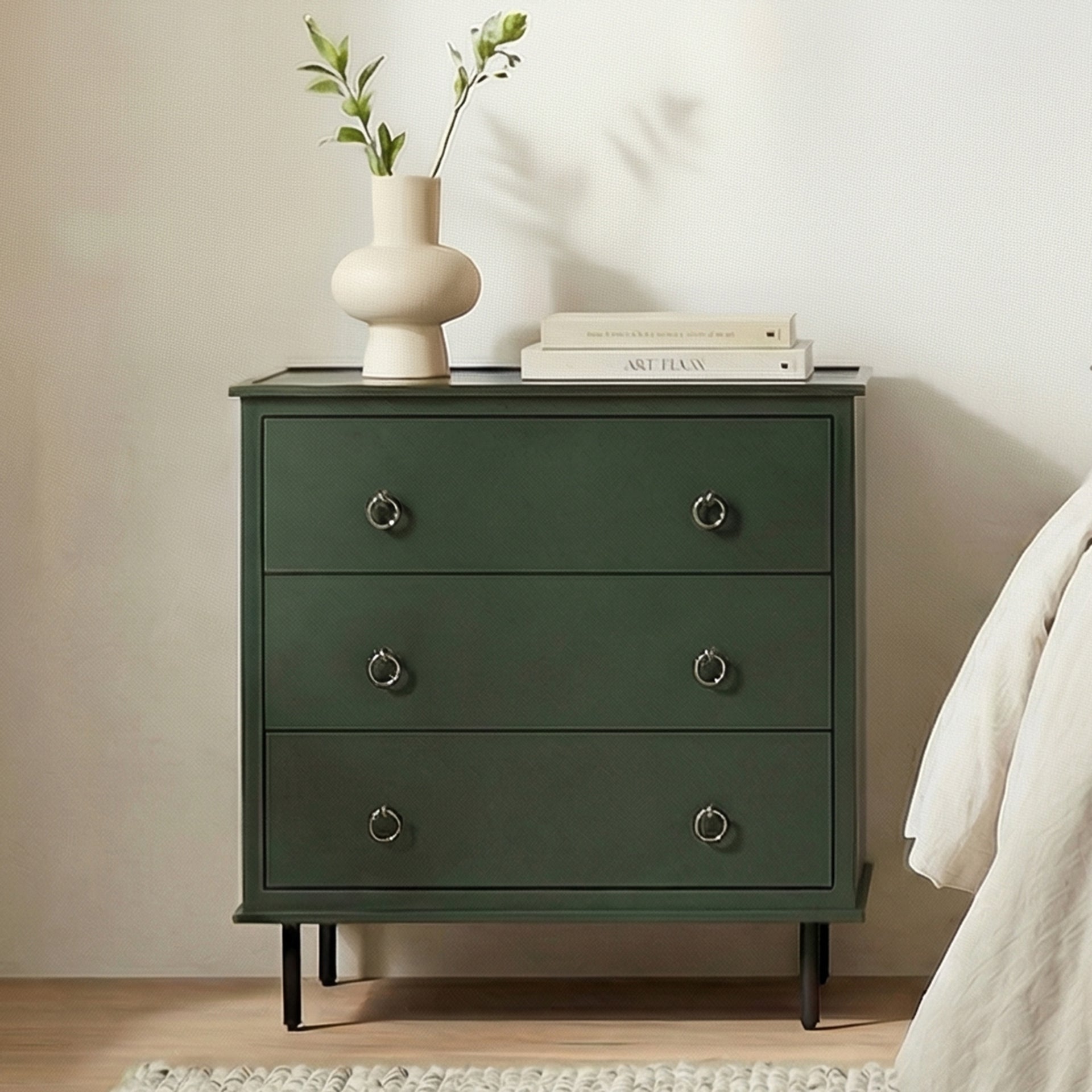 Glenn Nightstand, 3-Drawer, MDF and Acacia Frame, Soft-Closing Drawers, Deep Green