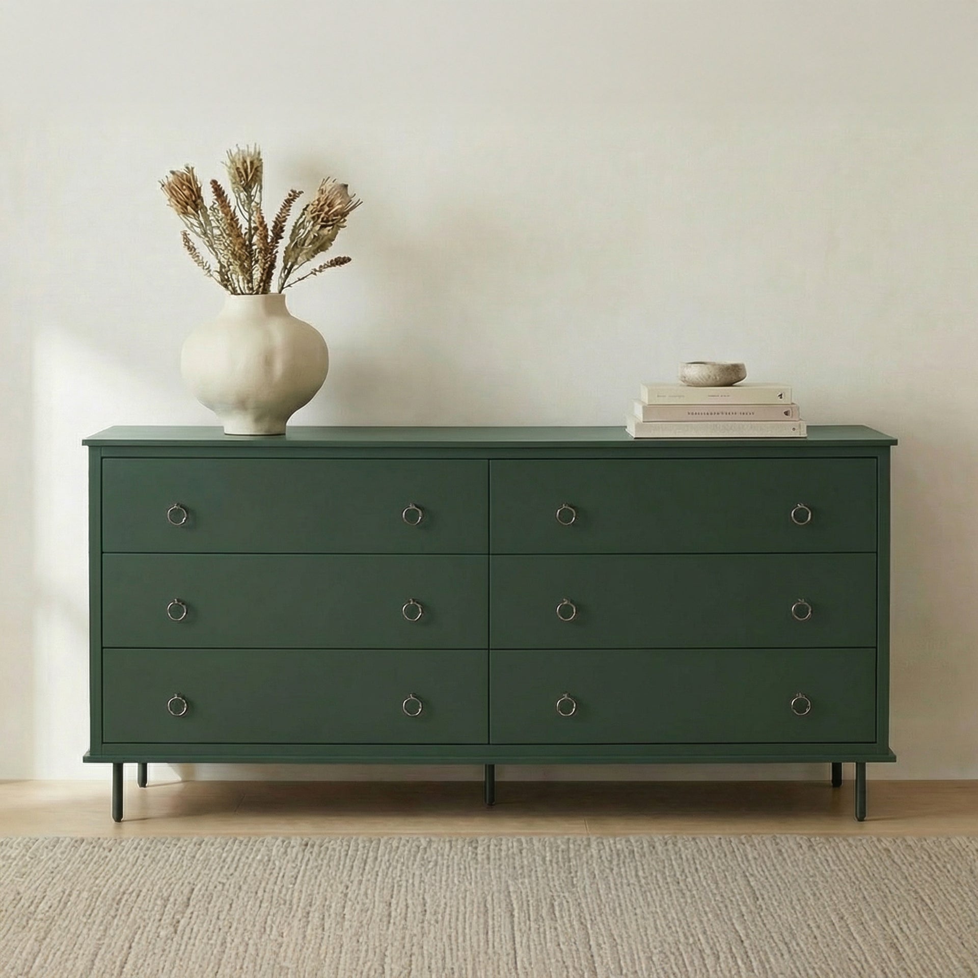 Glenn, Dresser, 6-Drawer, MDF and Acacia Frame, Soft-Closing Drawers, Matt Green