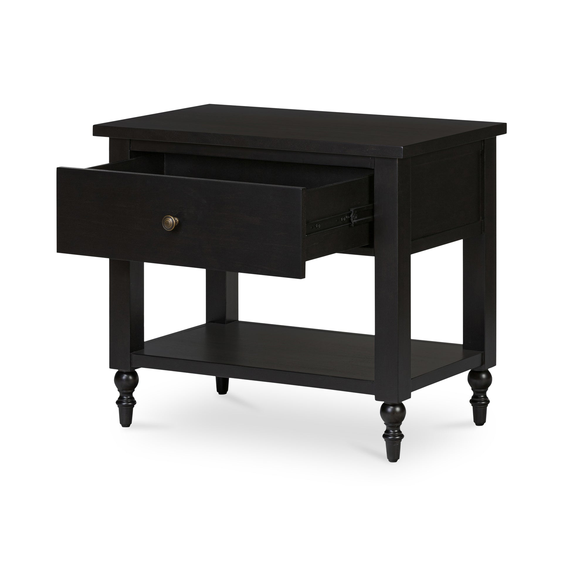 Stellan Nightstand, Acacia Veneer and Brass Handle, Single Drawer, Black