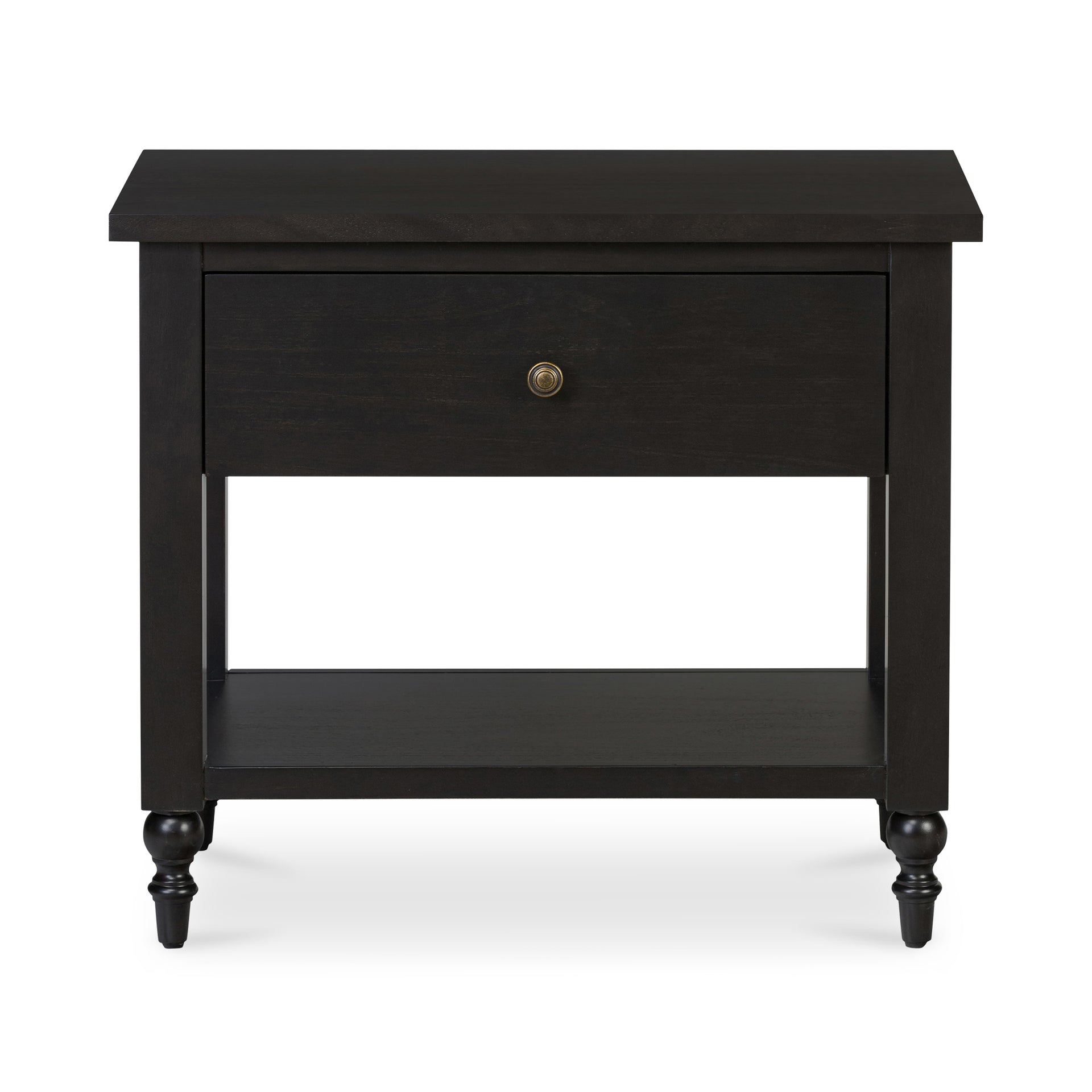 Stellan Nightstand, Acacia Veneer and Brass Handle, Single Drawer, Black