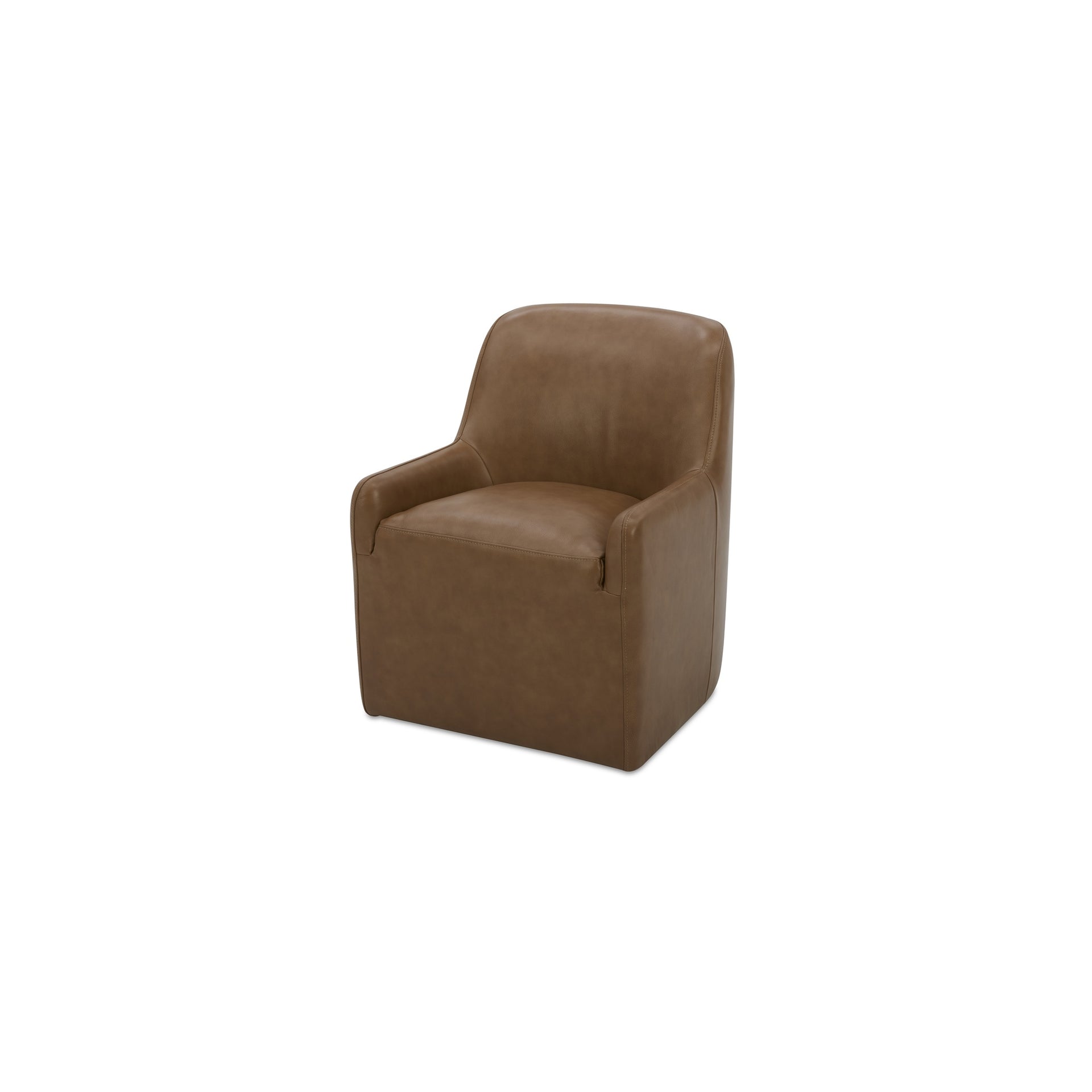 Maelor Dining Chair, Rolling Caster Wheels, Plush Padded, Top-Grain Leather, Tan