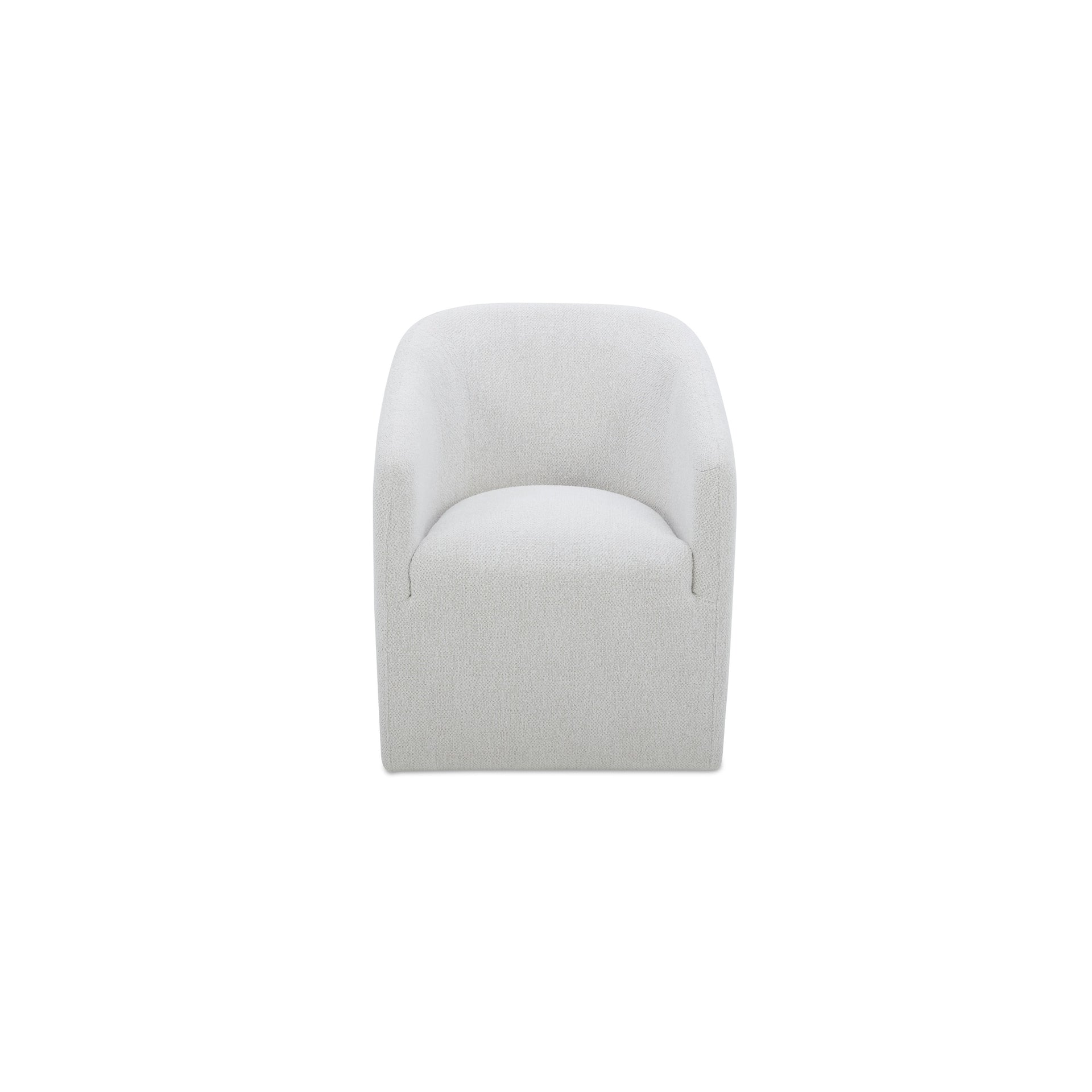 Maro Dining Chair, Curved Back, Polyester Upholstery, Fully Upholstered, Rolling Caster Wheels, Off White