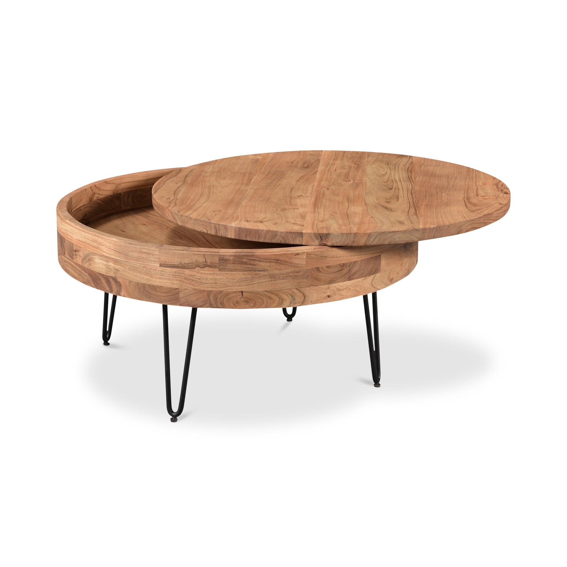 Tarian Coffee Table, Round Solid Acacia Wood with Iron Hairpin Legs and Hidden Storage, Natural Finish