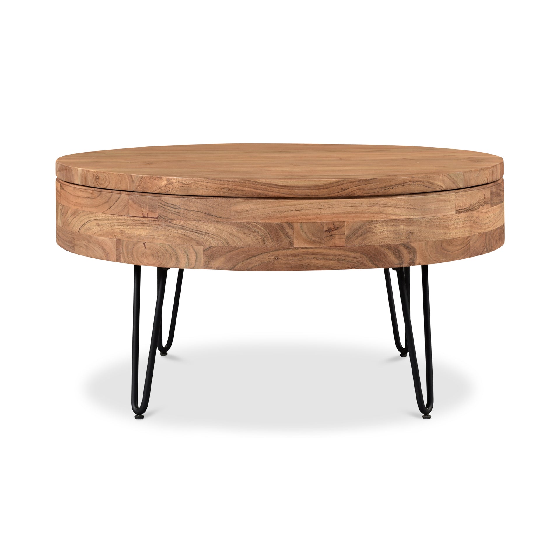 Tarian Coffee Table, Round Solid Acacia Wood with Iron Hairpin Legs and Hidden Storage, Natural Finish