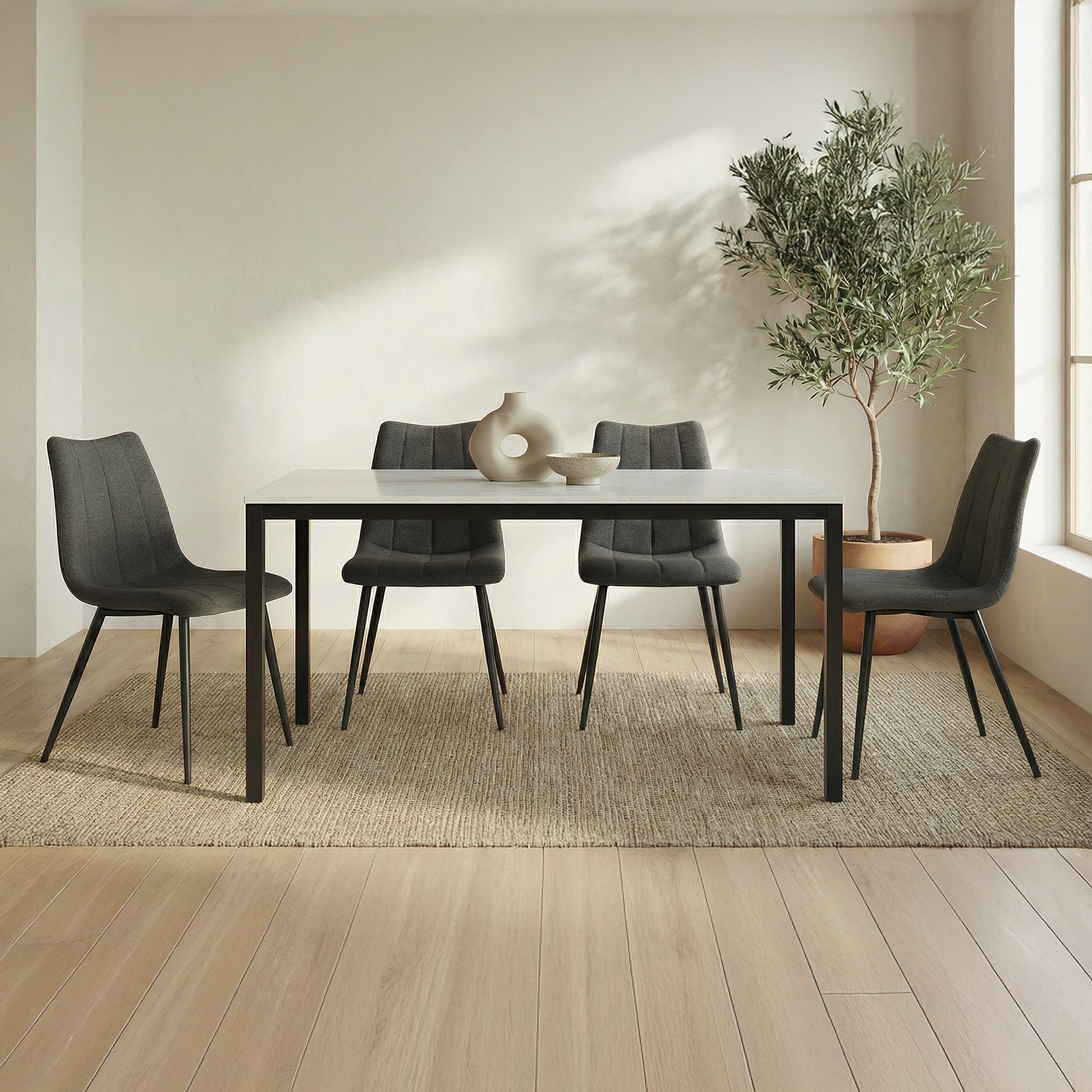 Upton Dining Table, White Banswara Marble Top, Powder-Coated Iron Frame, Seats 6