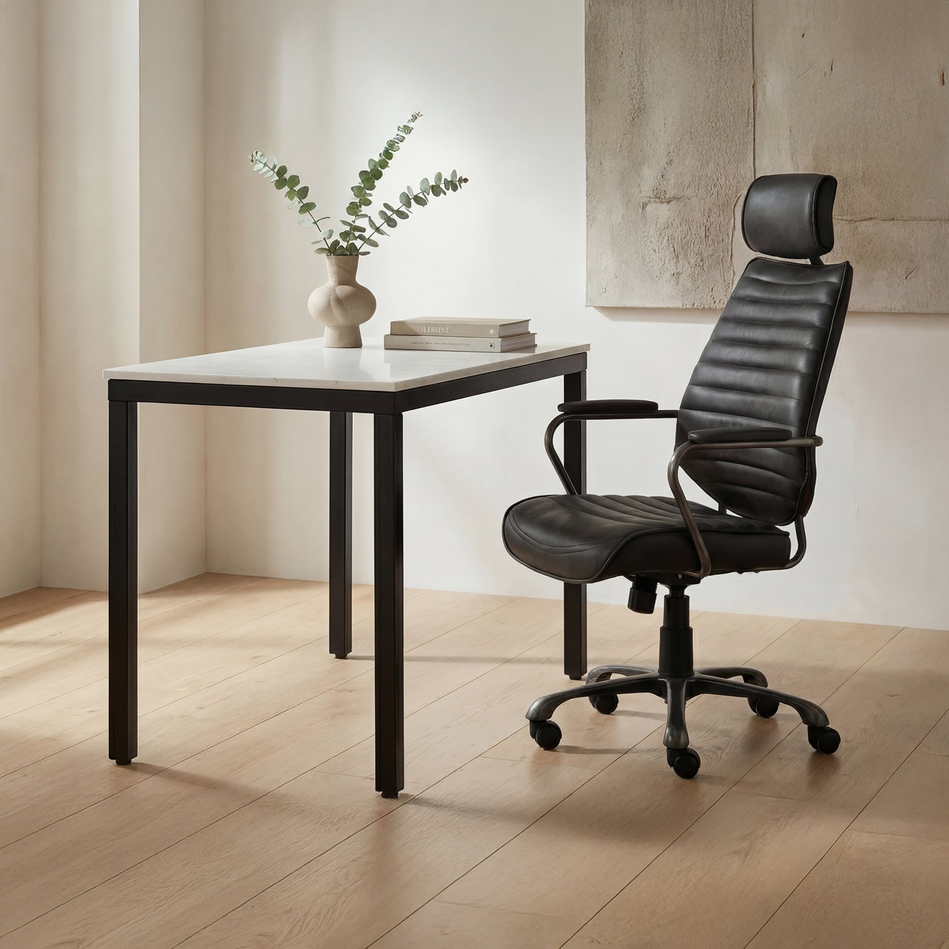 Upton Desk, Rectangular White Banswara Marble Top with Powder-Coated Iron Frame, White