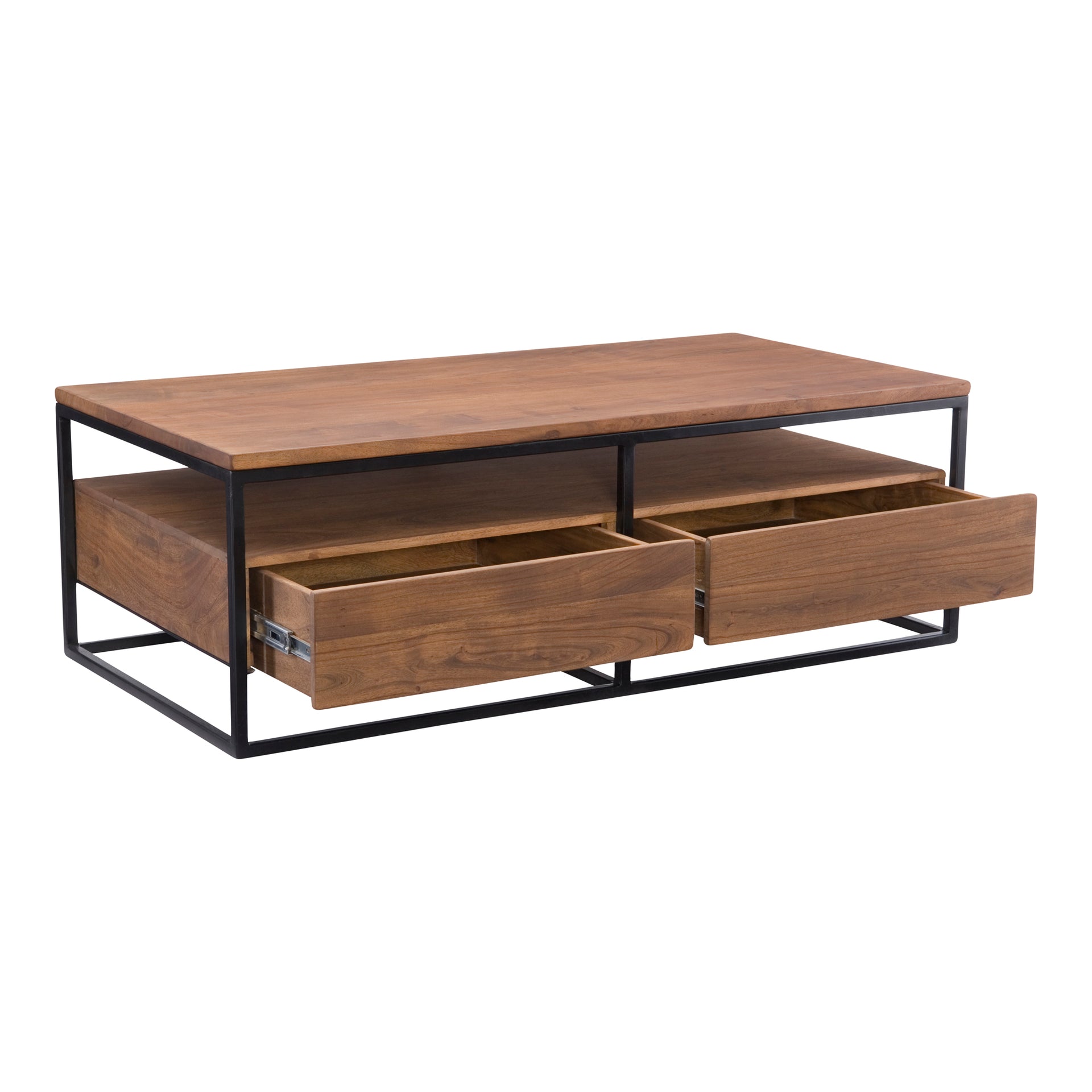 Burrard Coffee Table, Rectangular Solid Acacia Wood, Iron Frame, Brown Finish