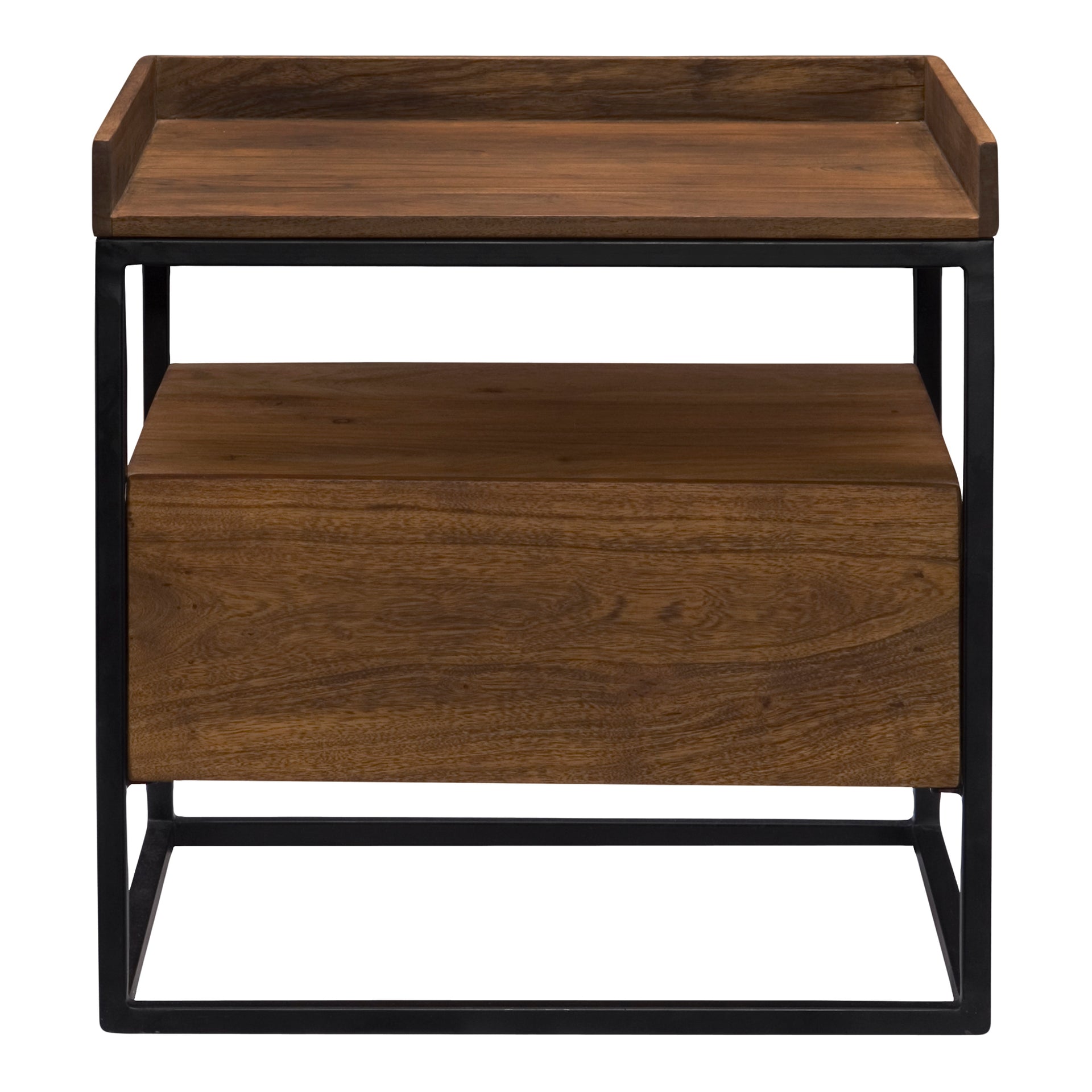 Burrard Side Table, Solid Acacia Wood with Drawer, Iron Frame, Industrial Style