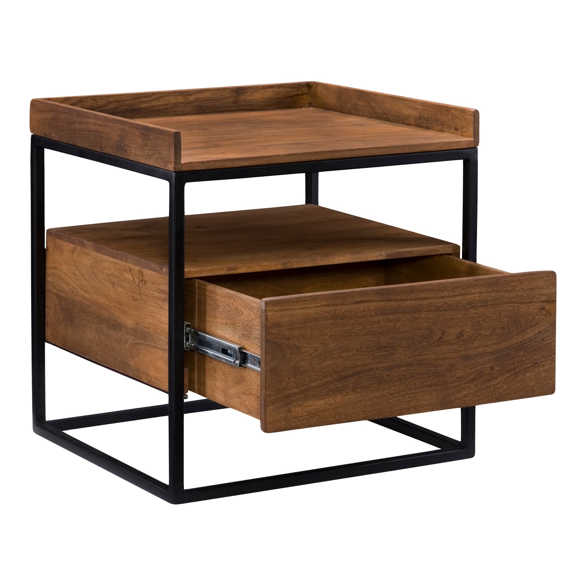 Burrard Side Table, Solid Acacia Wood with Drawer, Iron Frame, Industrial Style