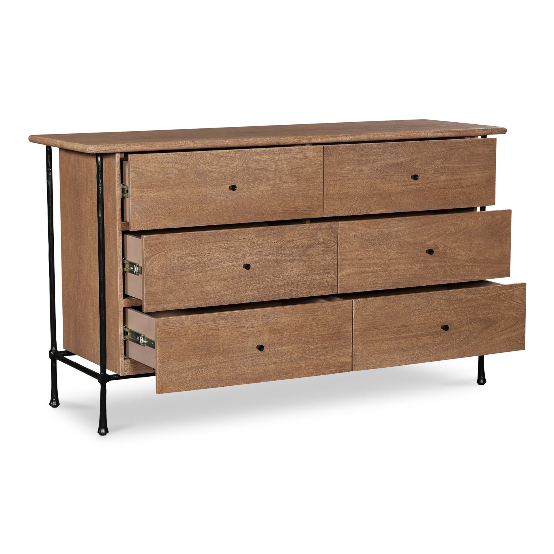 Valenor Dresser, 6 Drawer Acacia Wood with Hammered Iron Frame and Beveled Feet, Traditional Style, Brown