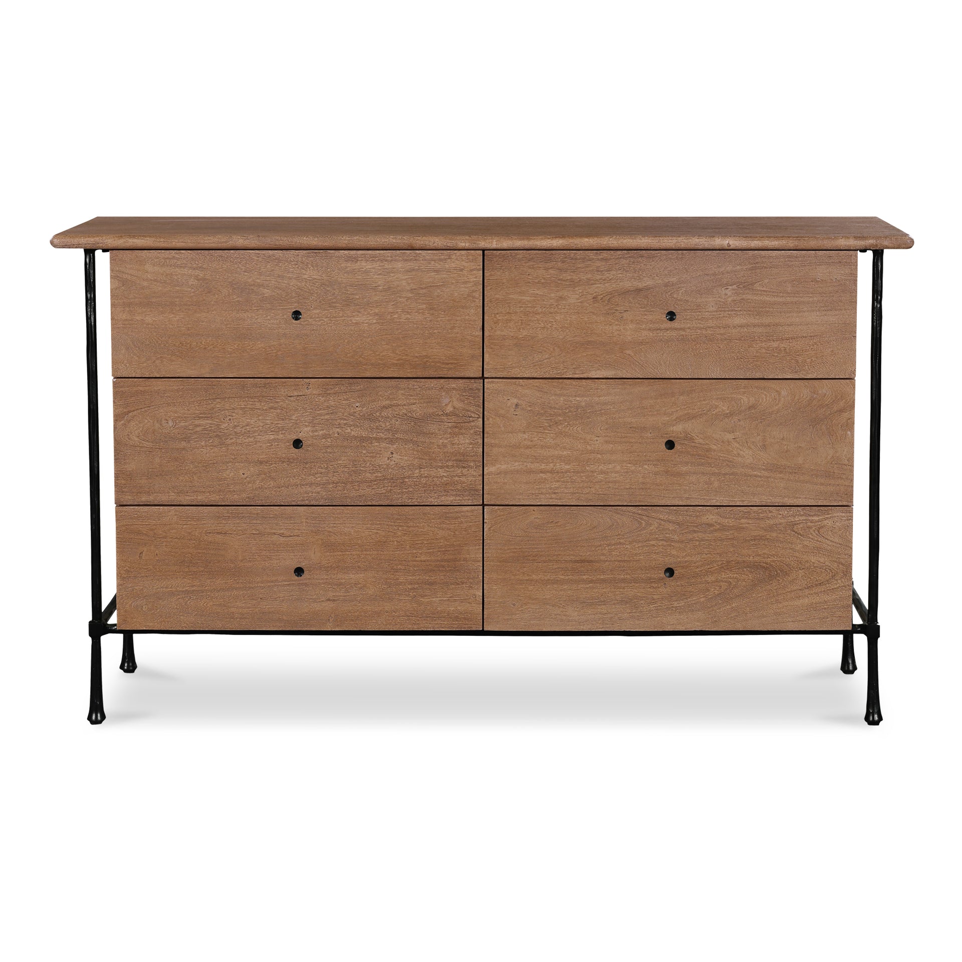 Valenor Dresser, 6 Drawer Acacia Wood with Hammered Iron Frame and Beveled Feet, Traditional Style, Brown