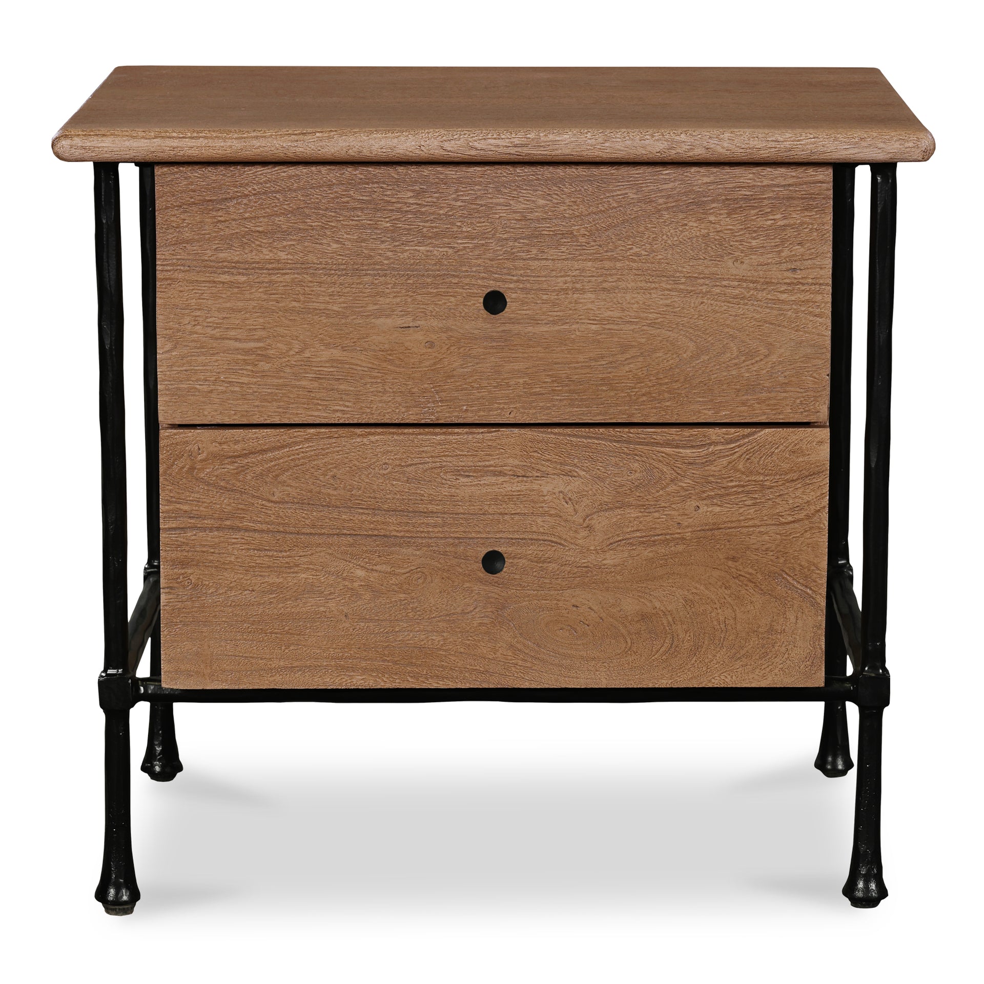 Valenor Nightstand, Solid Acacia Wood with Hammered Iron Base and Traditional Beveled Details, Brown