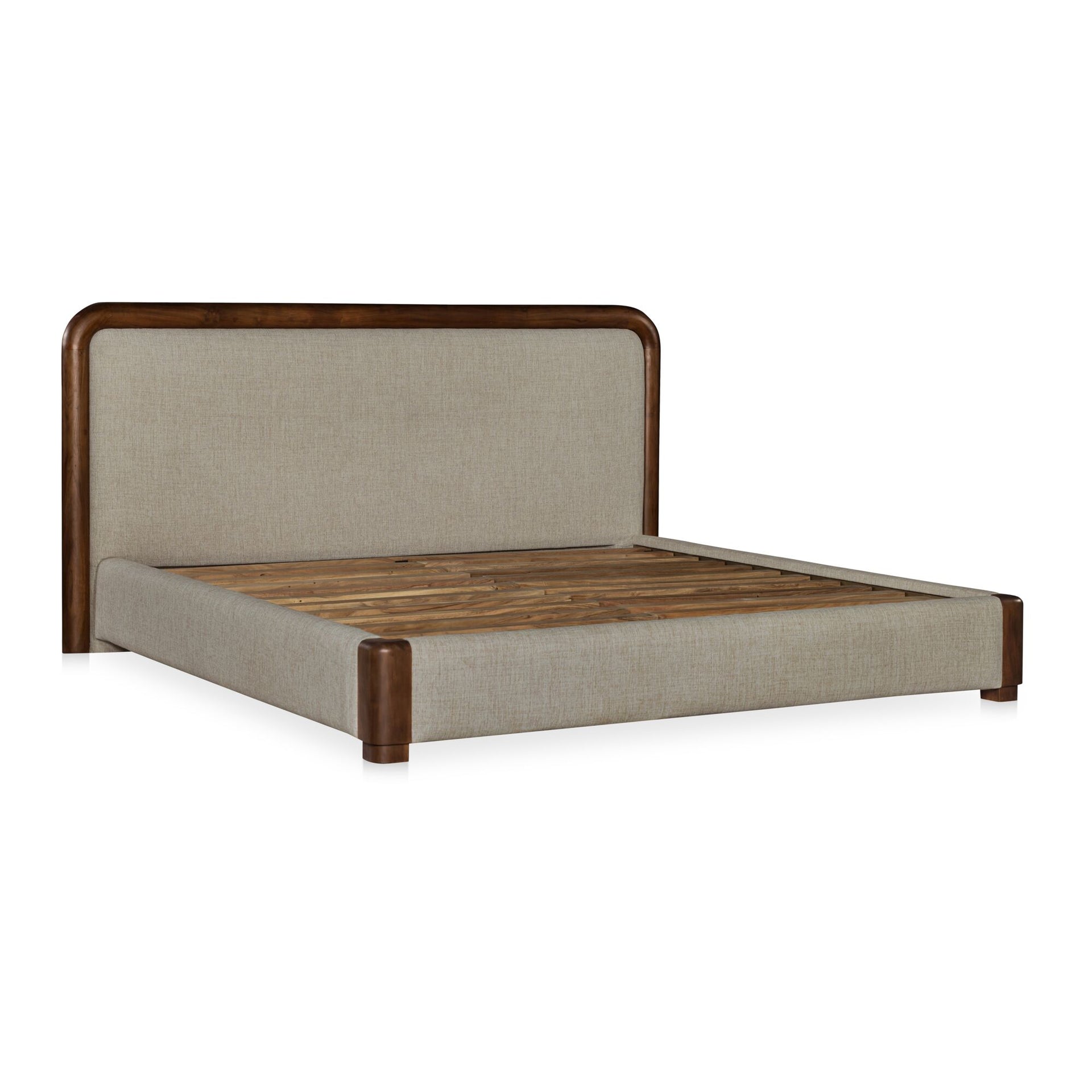 Tamsin King Bed, Cylindrical Headboard, Linen-Blend Upholstery, Solid Acacia Frame, No Box Spring Needed, Brown