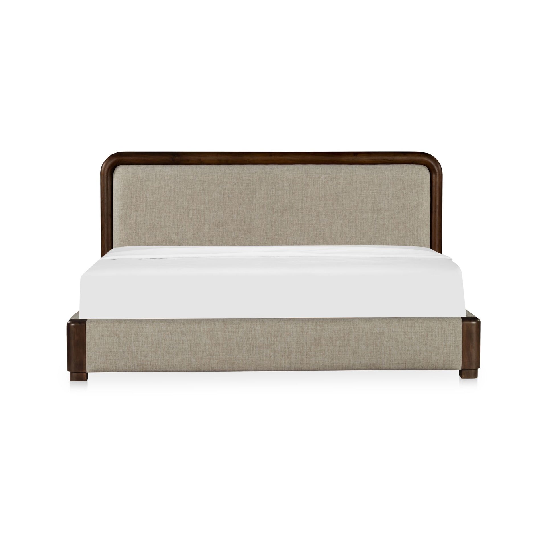 Tamsin King Bed, Cylindrical Headboard, Linen-Blend Upholstery, Solid Acacia Frame, No Box Spring Needed, Brown